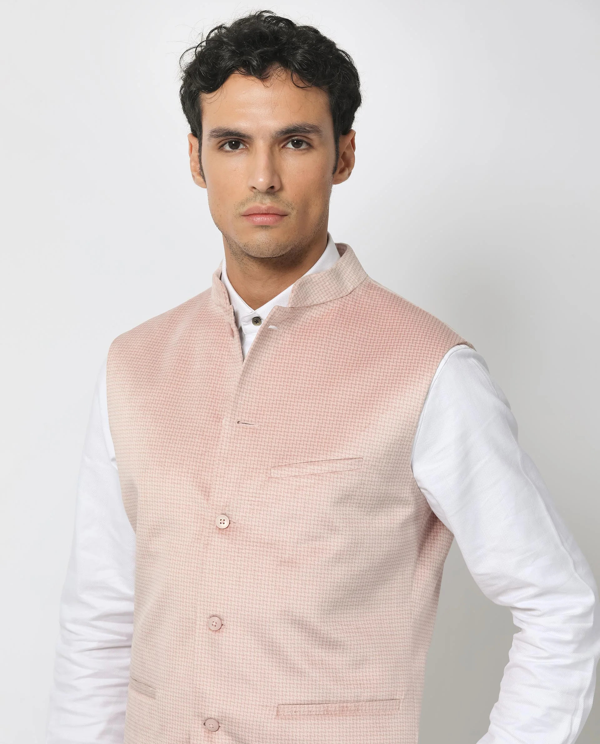 Rare Rabbit Men's Emerald Light Pink Polyester Plain Tailored Fit Sleeveless Mandarin Collar Bandhgala Rare Rabbit Men's Lasmos-B1 Beige Viscose Embroidered Regular Fit Sleeveless Mandarin Collar Bandhgala Nehru Jacket - Image 3