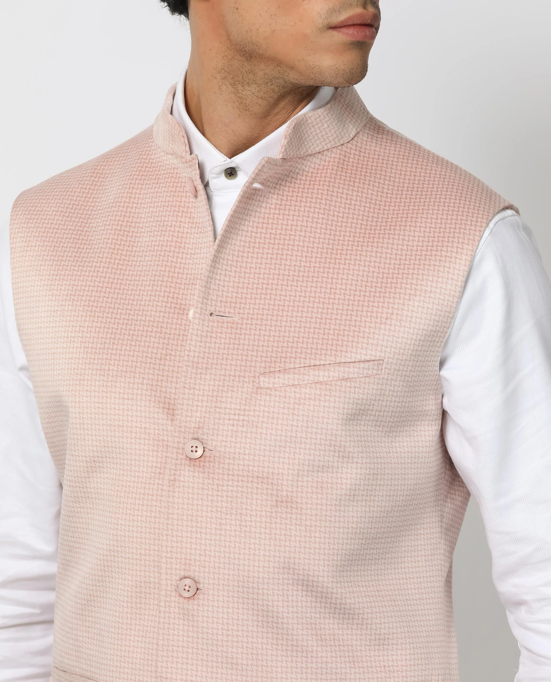 Rare Rabbit Men's Emerald Light Pink Polyester Plain Tailored Fit Sleeveless Mandarin Collar Bandhgala Rare Rabbit Men's Lasmos-B1 Beige Viscose Embroidered Regular Fit Sleeveless Mandarin Collar Bandhgala Nehru Jacket - Image 4