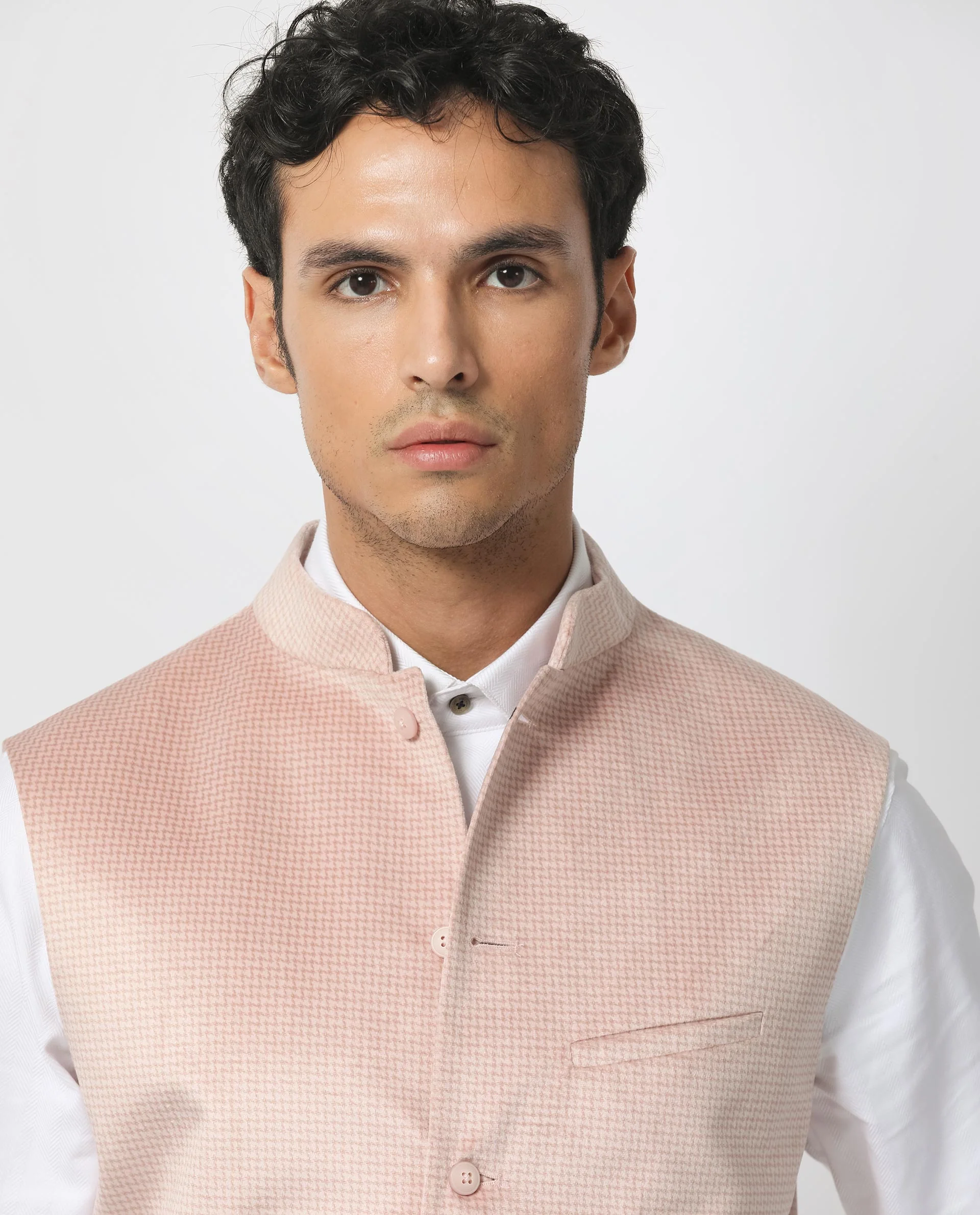 Rare Rabbit Men's Emerald Light Pink Polyester Plain Tailored Fit Sleeveless Mandarin Collar Bandhgala Rare Rabbit Men's Lasmos-B1 Beige Viscose Embroidered Regular Fit Sleeveless Mandarin Collar Bandhgala Nehru Jacket - Image 5