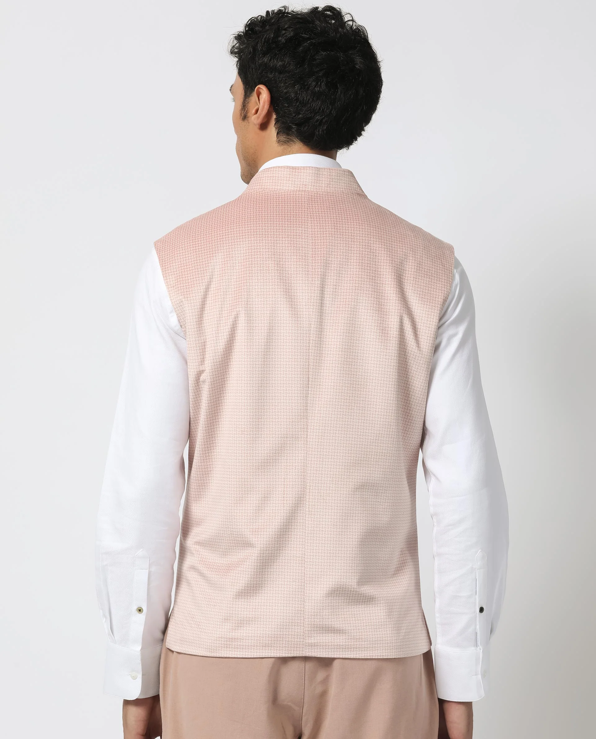 Rare Rabbit Men's Emerald Light Pink Polyester Plain Tailored Fit Sleeveless Mandarin Collar Bandhgala Rare Rabbit Men's Lasmos-B1 Beige Viscose Embroidered Regular Fit Sleeveless Mandarin Collar Bandhgala Nehru Jacket - Image 6