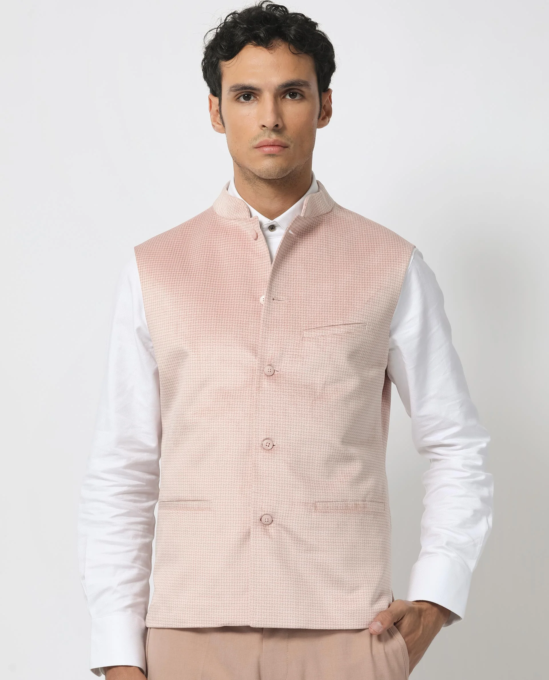 Rare Rabbit Men's Emerald Light Pink Polyester Plain Tailored Fit Sleeveless Mandarin Collar Bandhgala Rare Rabbit Men's Lasmos-B1 Beige Viscose Embroidered Regular Fit Sleeveless Mandarin Collar Bandhgala Nehru Jacket - Image 7