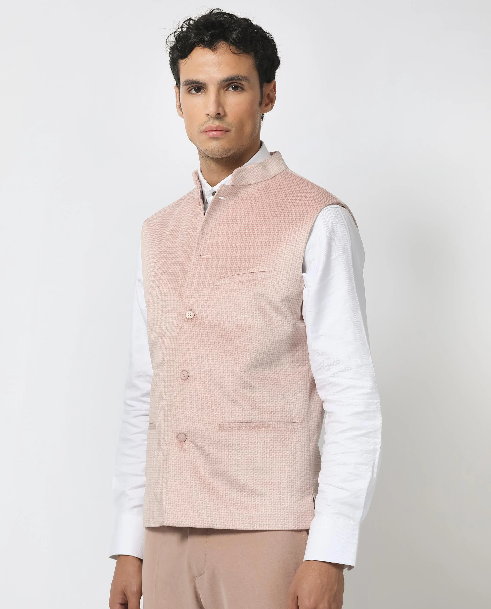 Rare Rabbit Men's Emerald Light Pink Polyester Plain Tailored Fit Sleeveless Mandarin Collar Bandhgala Rare Rabbit Men's Lasmos-B1 Beige Viscose Embroidered Regular Fit Sleeveless Mandarin Collar Bandhgala Nehru Jacket - Image 8