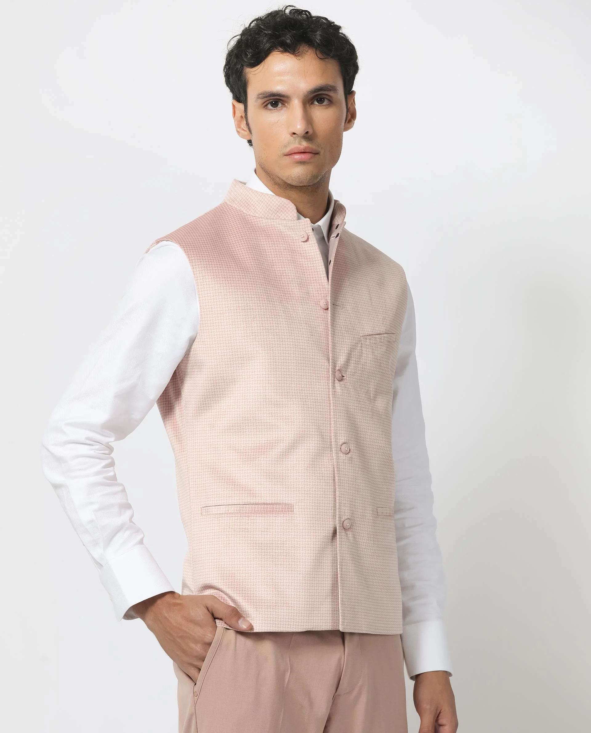 Rare Rabbit Men's Emerald Light Pink Polyester Plain Tailored Fit Sleeveless Mandarin Collar Bandhgala Rare Rabbit Men's Lasmos-B1 Beige Viscose Embroidered Regular Fit Sleeveless Mandarin Collar Bandhgala Nehru Jacket - Image 9