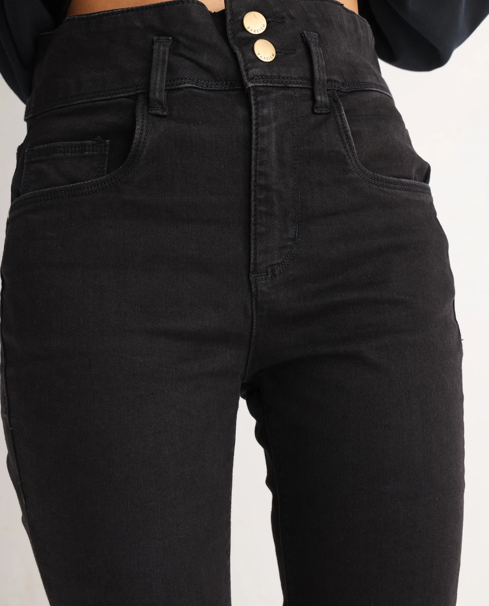Rareism Women's Emerald Black Cotton Blend Plain Ankle Length Slim Fit Jeans - Image 4