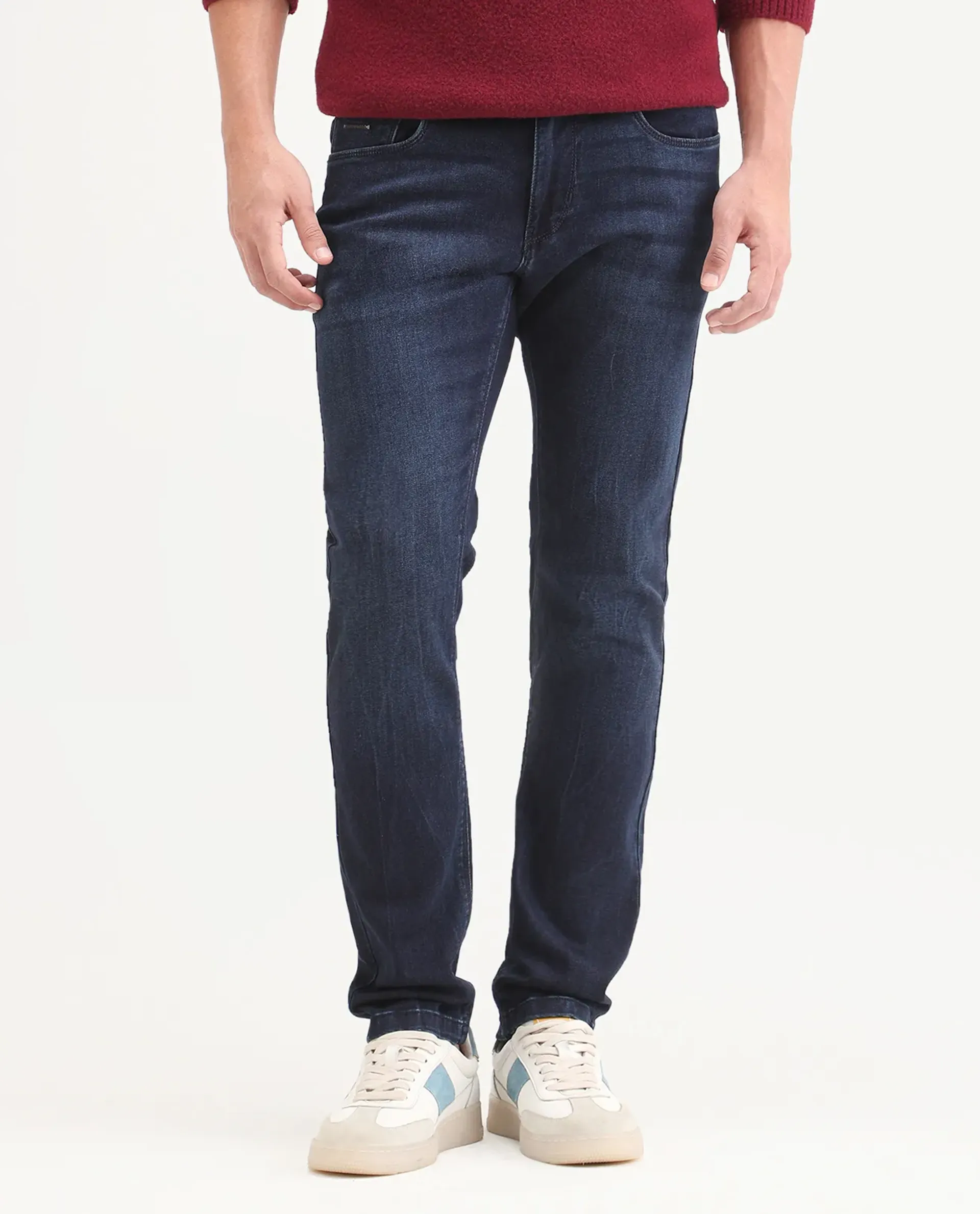Rare Rabbit Men's Emil 26 Blue Cotton Blend Hawk Slim Fit Plain Jeans - Image 10