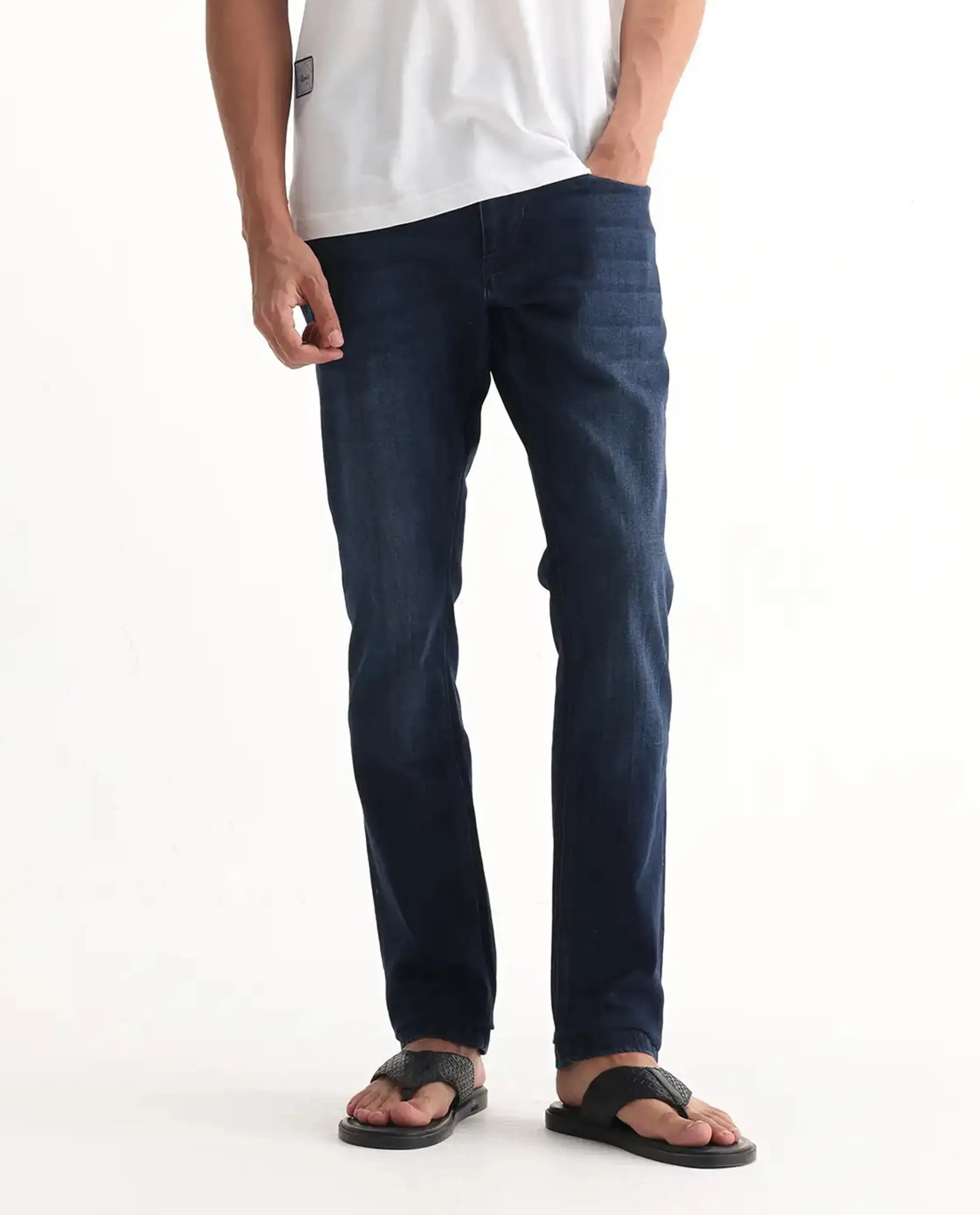 Rare Rabbit Men's Emil Dark Blue Cotton Blend Plain Hawk Slim Fit Jeans - Image 10