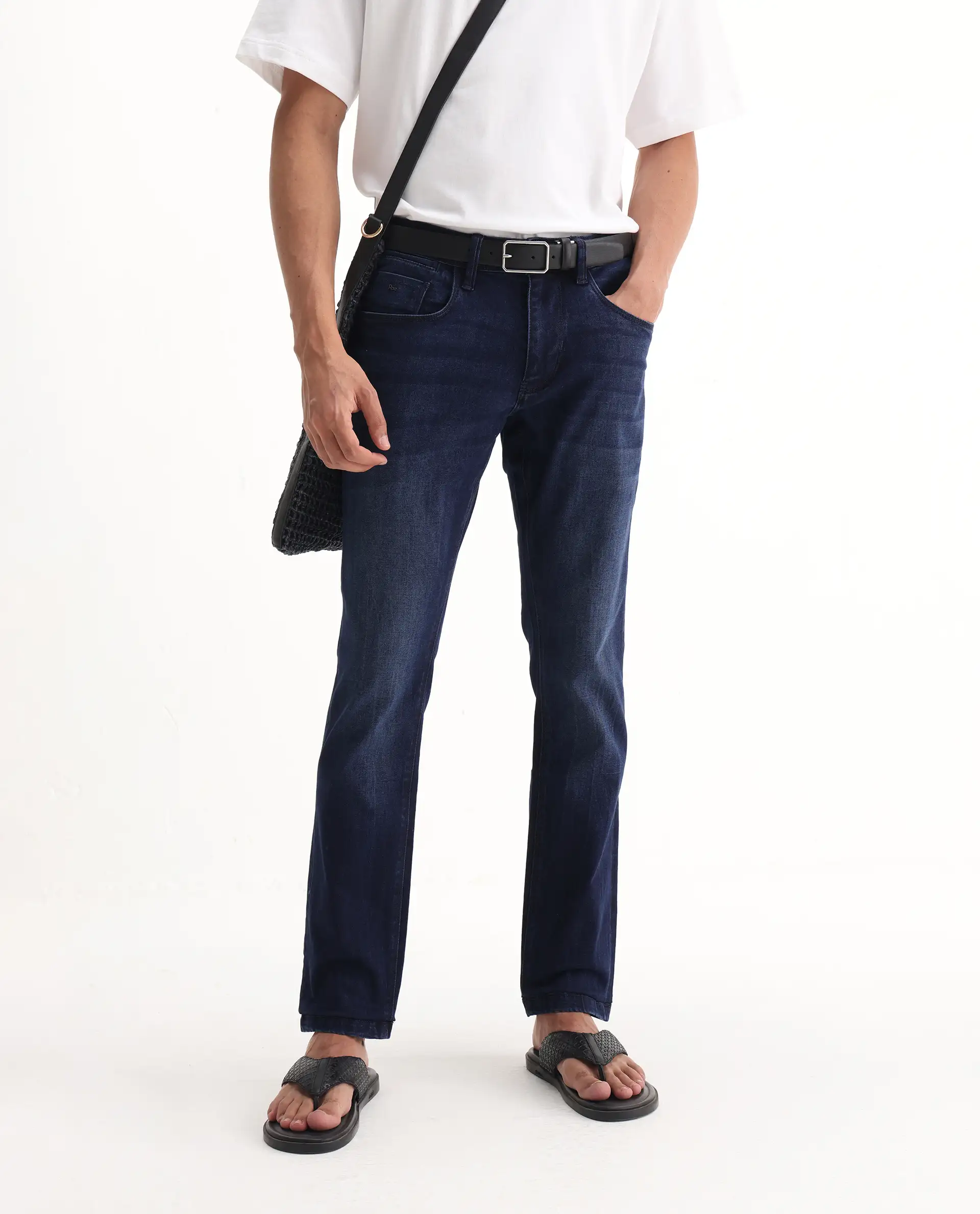 Rare Rabbit Men's Emil Dark Blue Cotton Blend Plain Hawk Slim Fit Jeans - Image 2