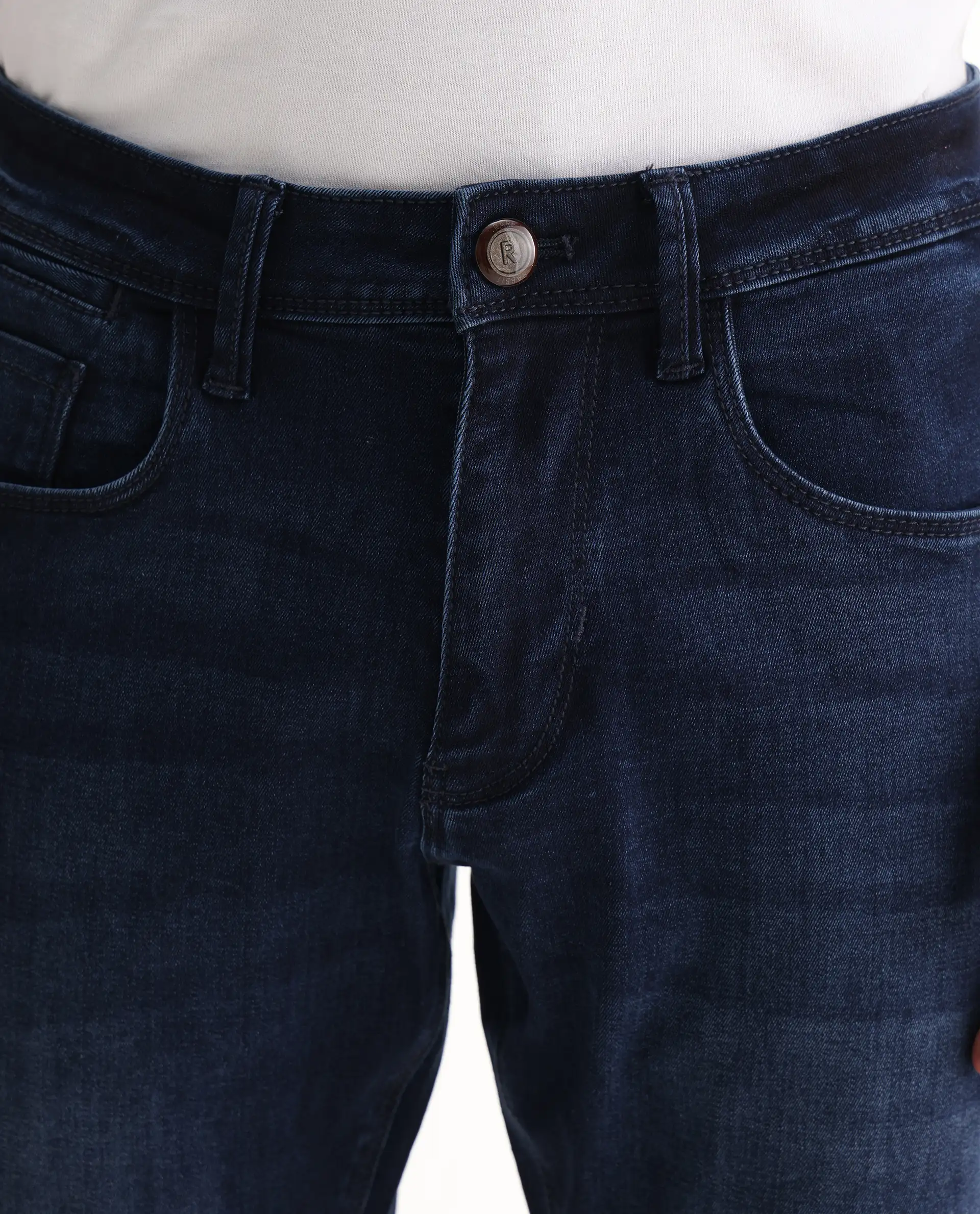 Rare Rabbit Men's Emil Dark Blue Cotton Blend Plain Hawk Slim Fit Jeans - Image 6