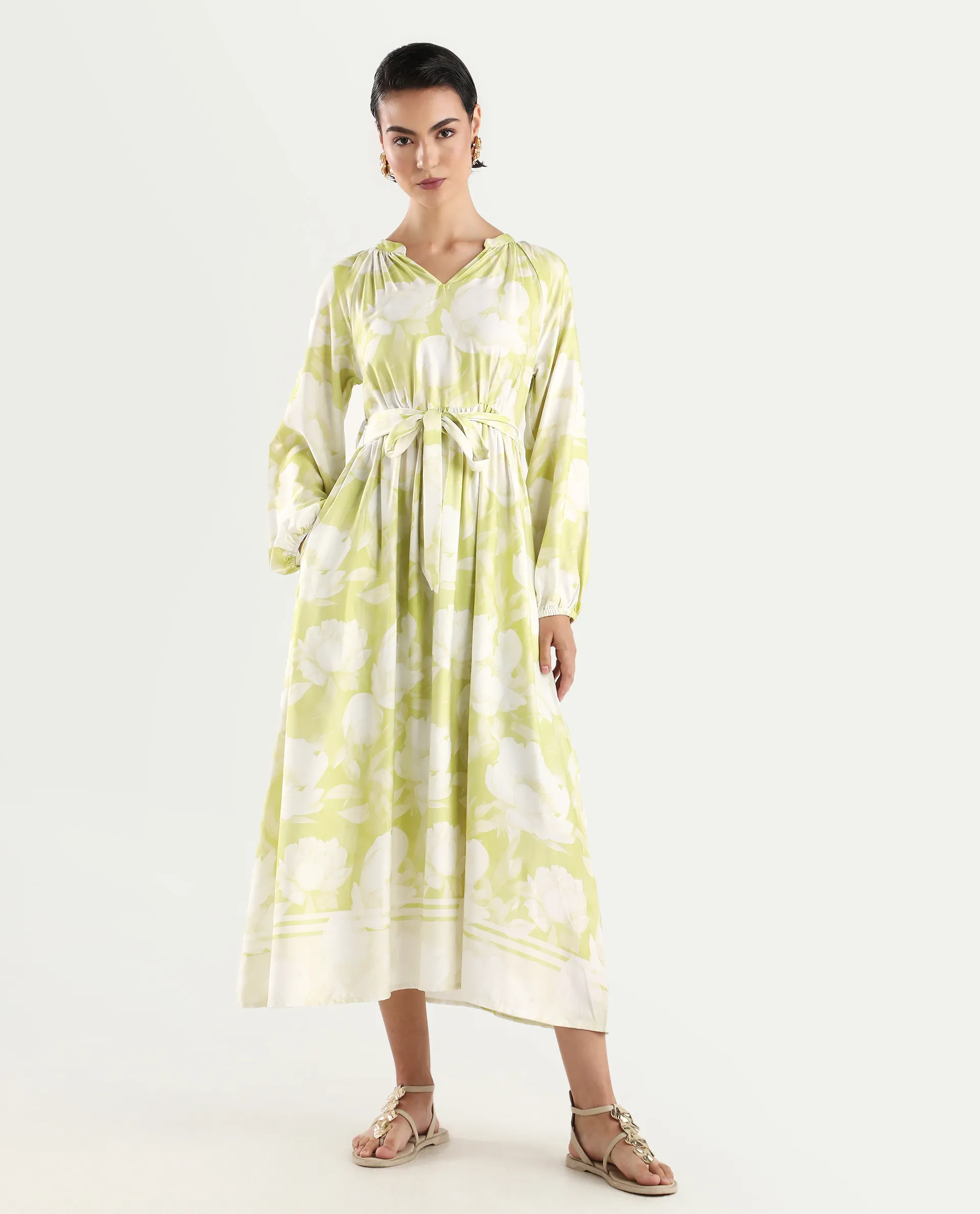 Rareism Women's Emil Green Cotton Mandarin Collar Floral Print Raglan Sleeve Maxi Fit And Flare Dress - Image 2