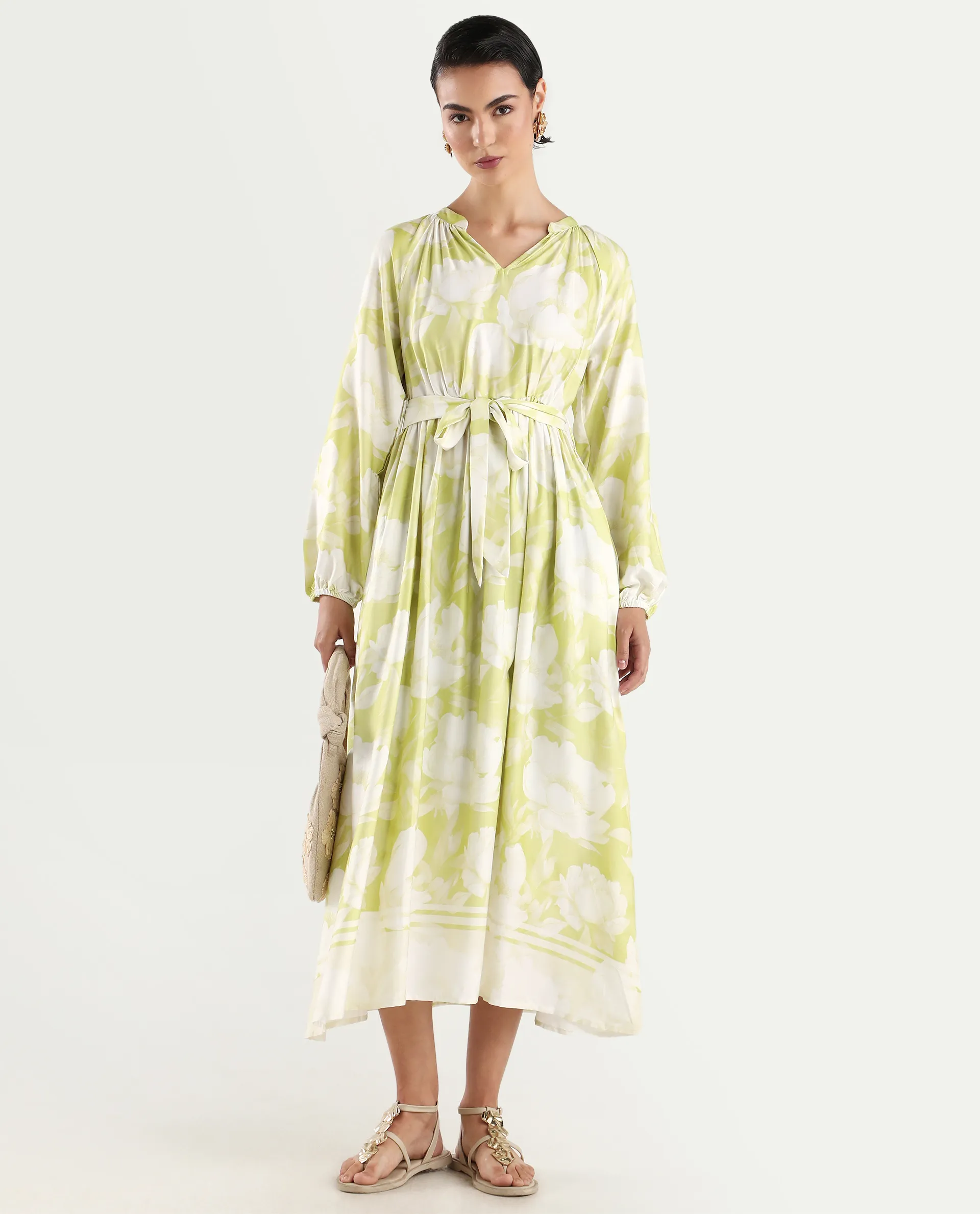 Rareism Women's Emil Green Cotton Mandarin Collar Floral Print Raglan Sleeve Maxi Fit And Flare Dress - Image 3