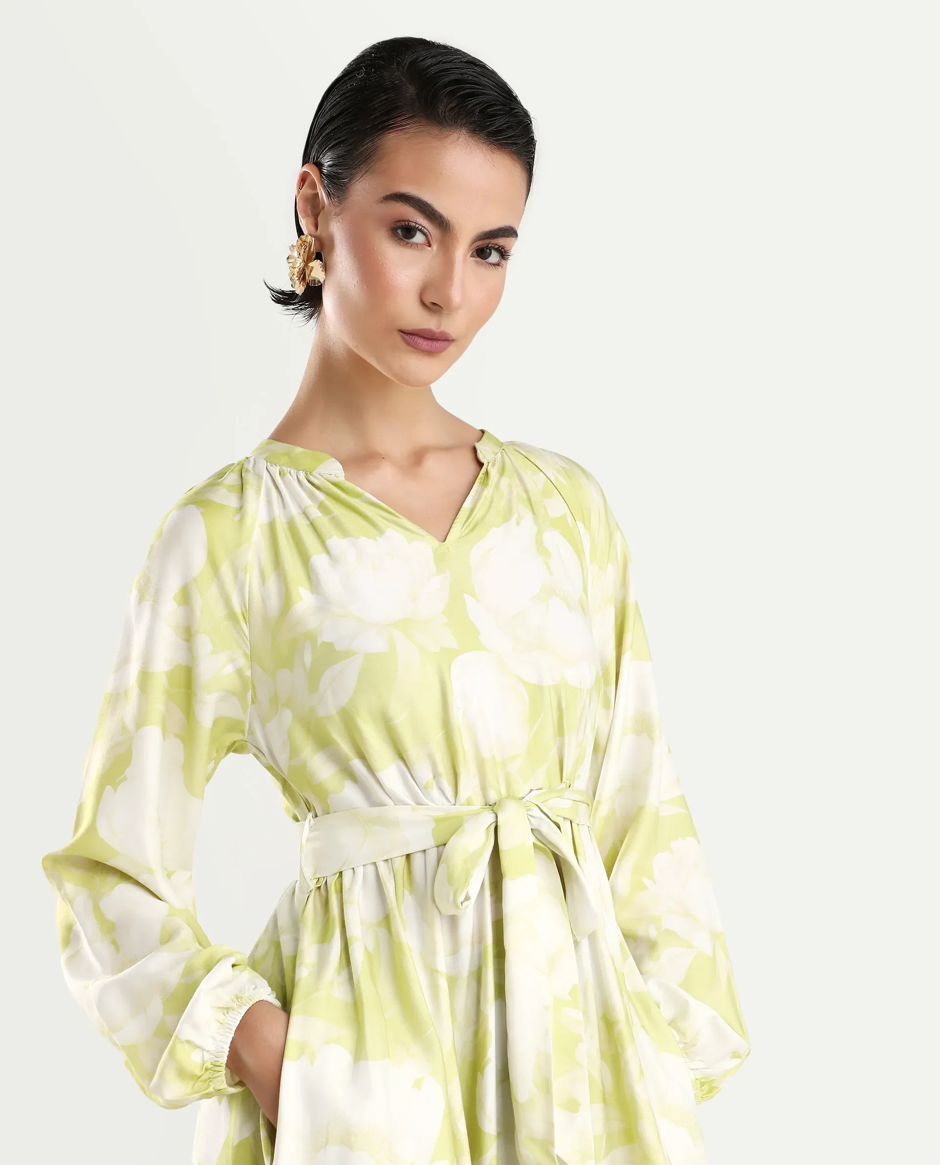 Rareism Women's Emil Green Cotton Mandarin Collar Floral Print Raglan Sleeve Maxi Fit And Flare Dress - Image 4