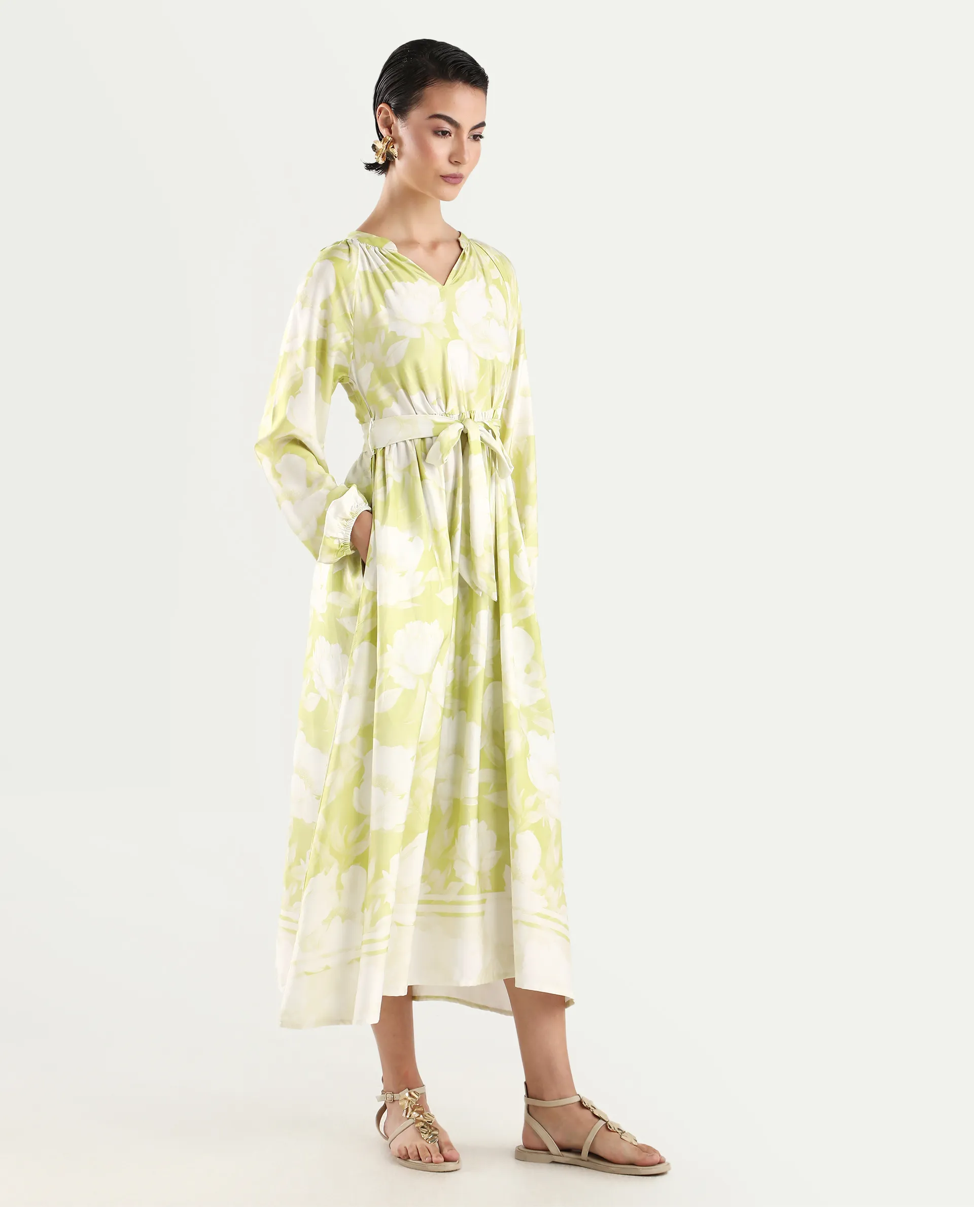 Rareism Women's Emil Green Cotton Mandarin Collar Floral Print Raglan Sleeve Maxi Fit And Flare Dress - Image 5