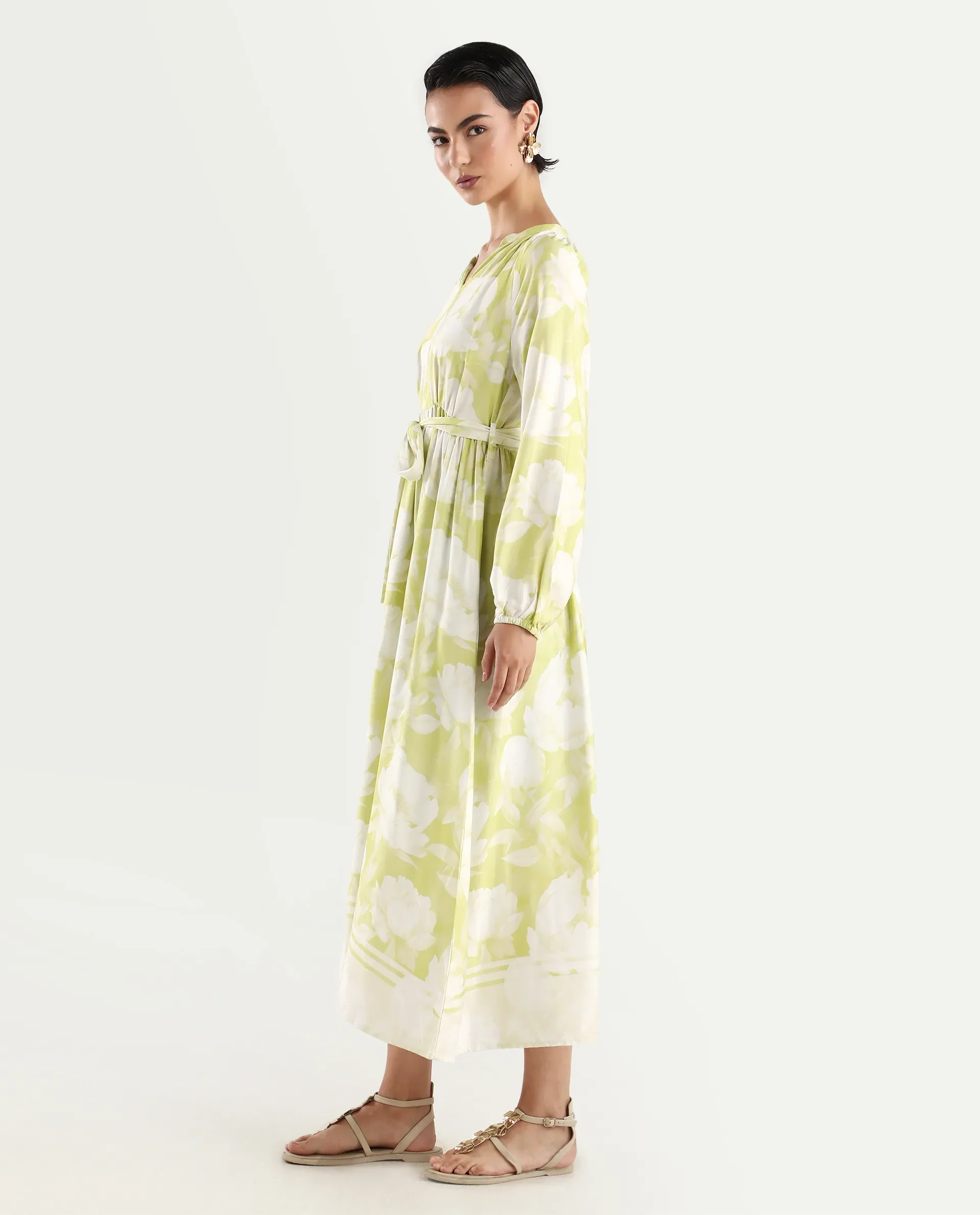 Rareism Women's Emil Green Cotton Mandarin Collar Floral Print Raglan Sleeve Maxi Fit And Flare Dress - Image 6