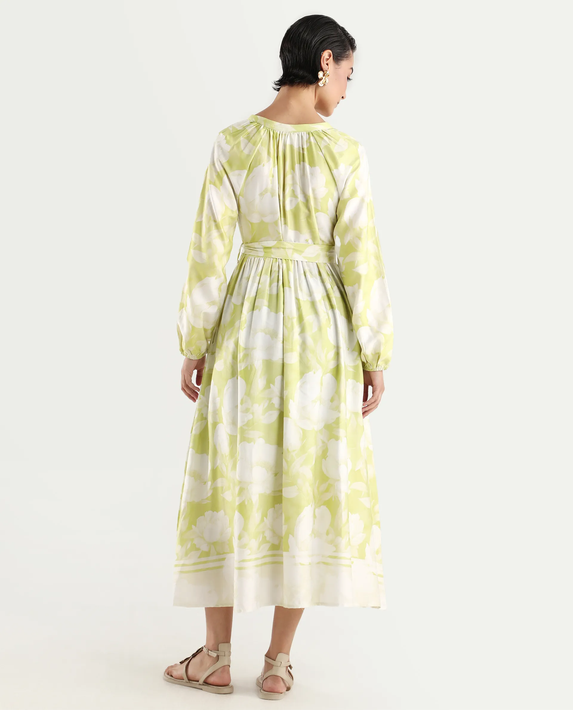 Rareism Women's Emil Green Cotton Mandarin Collar Floral Print Raglan Sleeve Maxi Fit And Flare Dress - Image 7