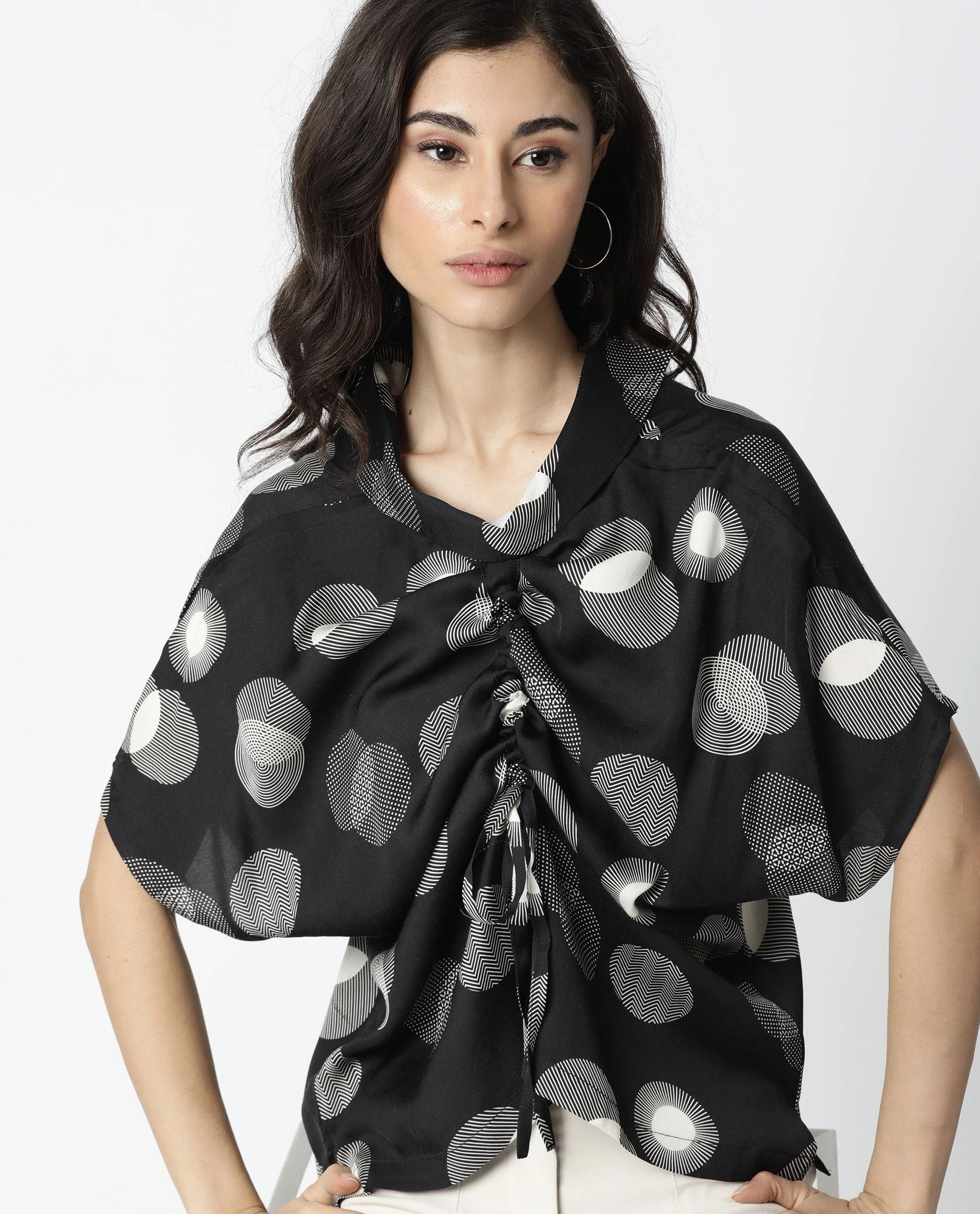 Rareism Women Emile Black Top Short Sleeves Printed