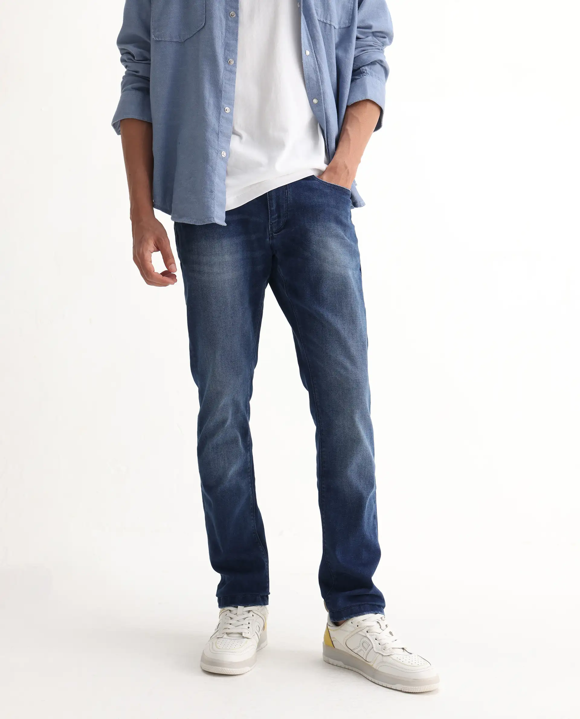 Rare Rabbit Men's Emilem Light Blue Cotton Blend Plain Hawk Slim Fit Jeans - Image 2