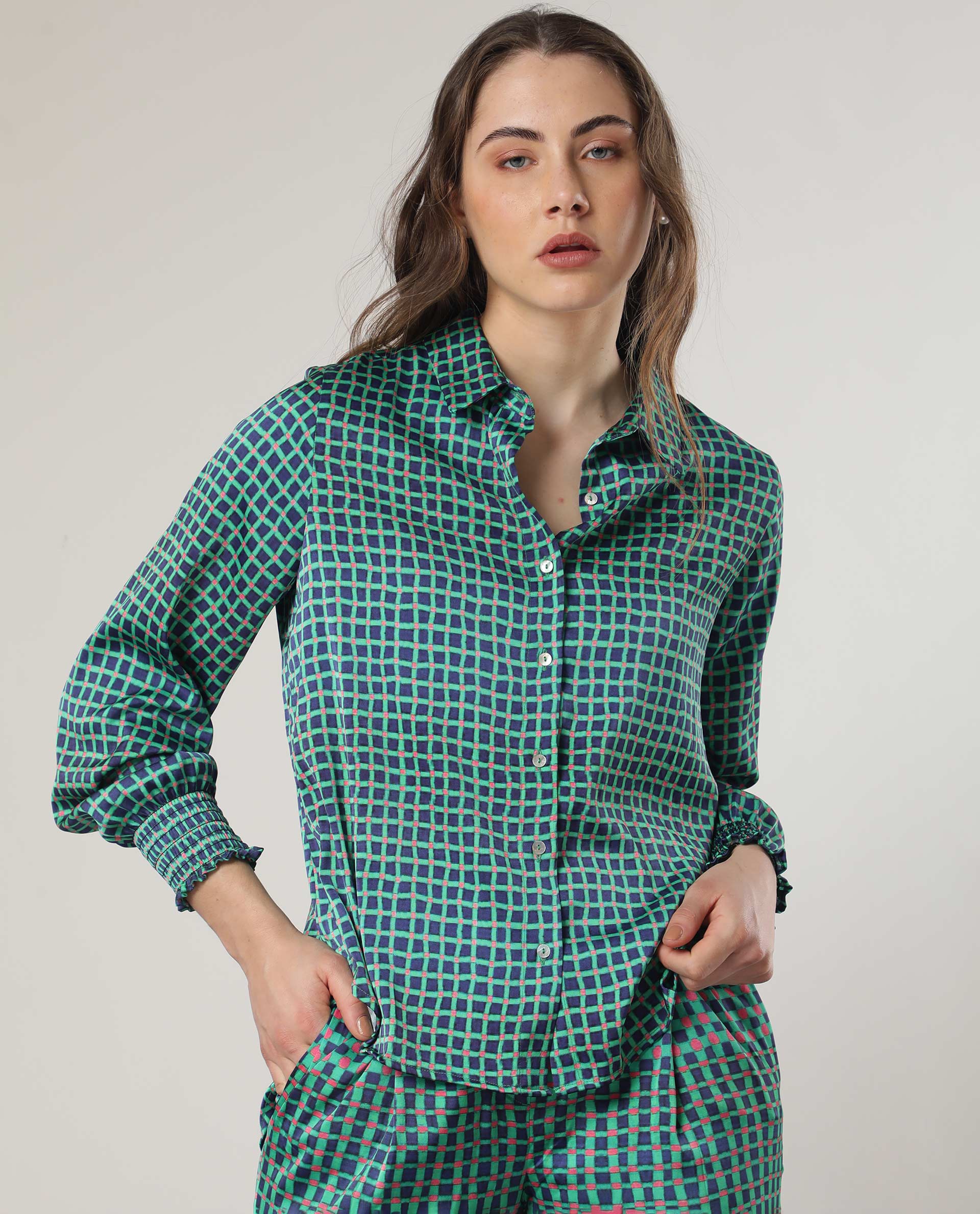 Rareism Women's Emileo Green Polyester Spread Collar Geometric Print Relaxed Fit Top