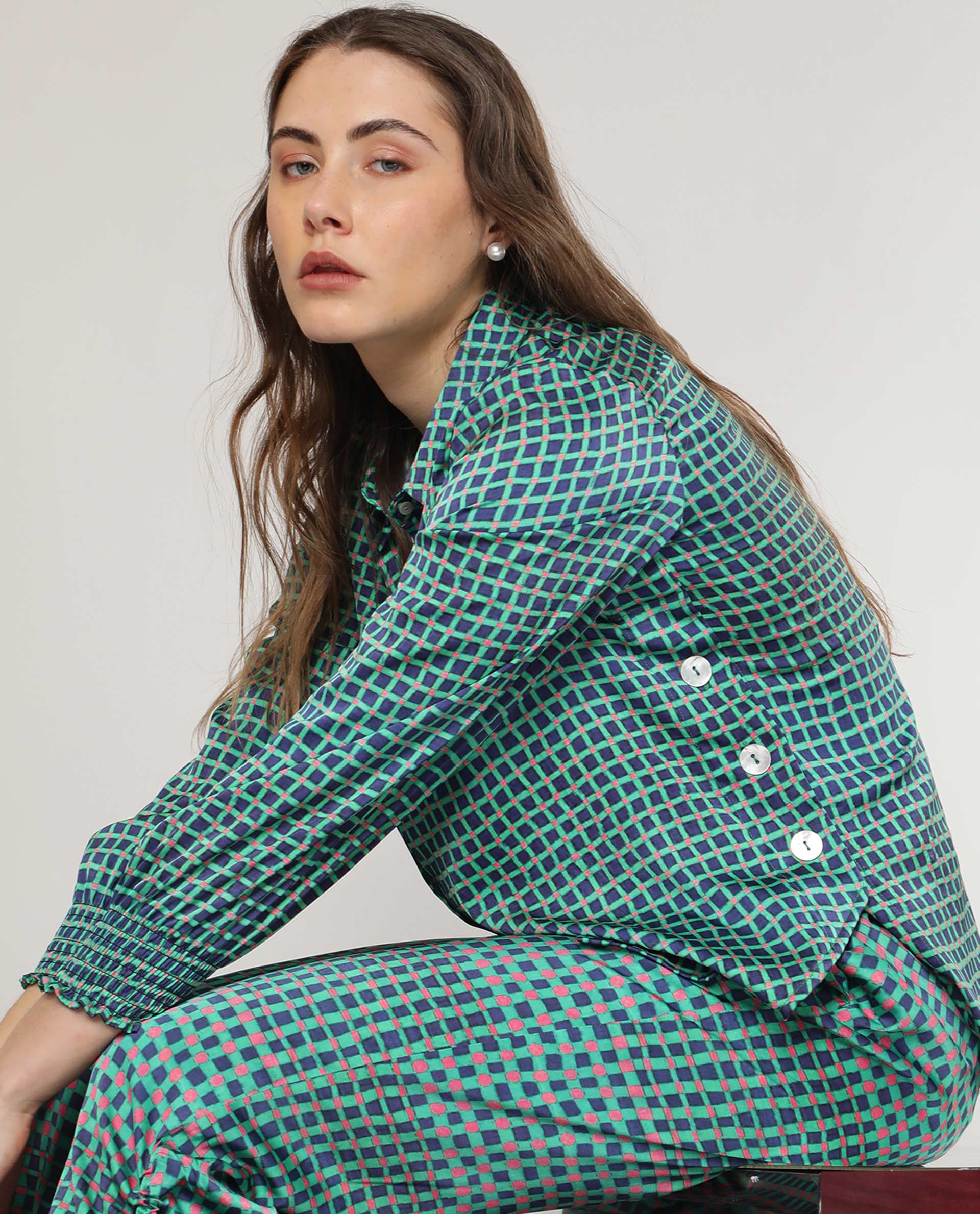 Rareism Women's Emileo Green Polyester Spread Collar Geometric Print Relaxed Fit Top - Image 2