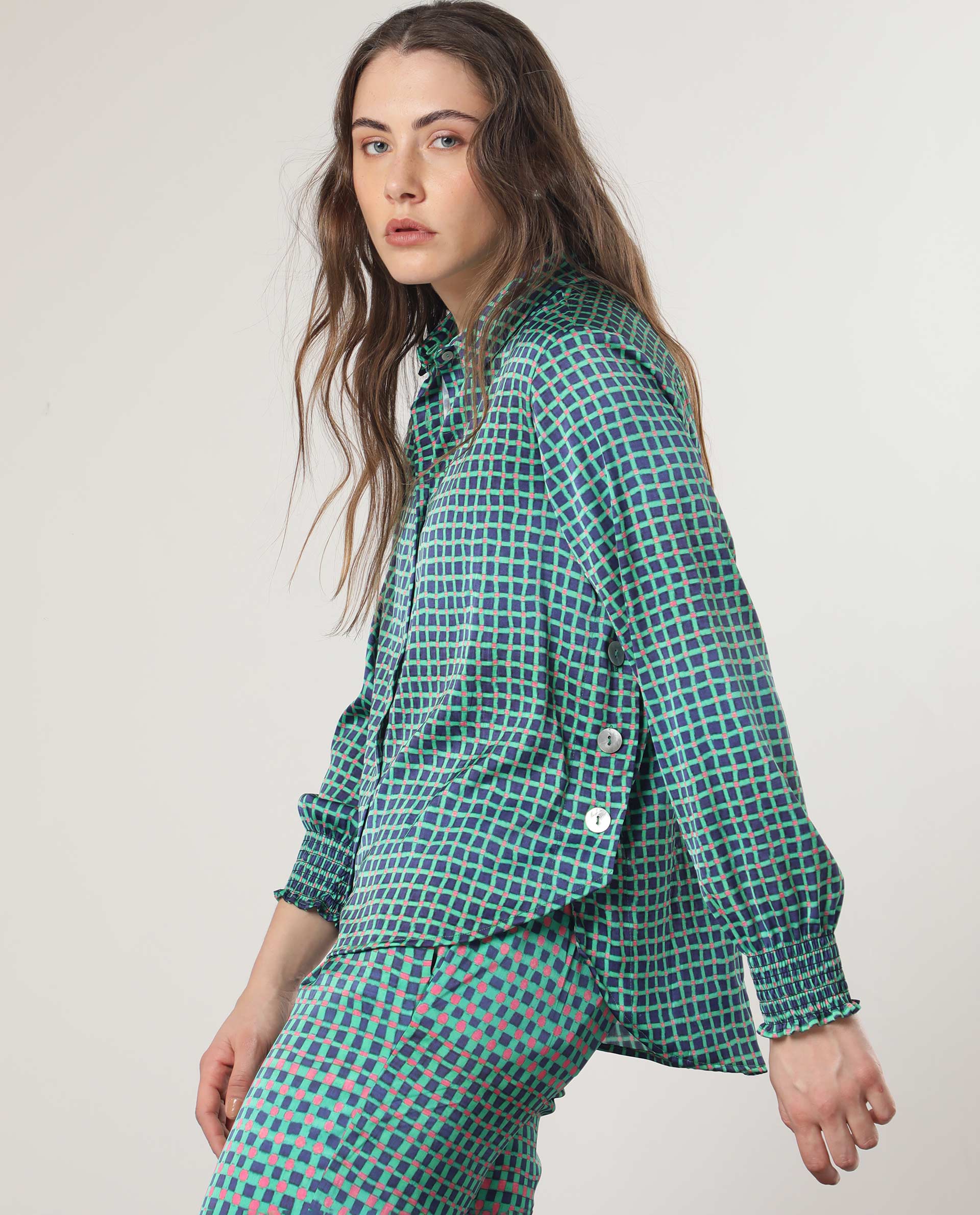 Rareism Women's Emileo Green Polyester Spread Collar Geometric Print Relaxed Fit Top - Image 5