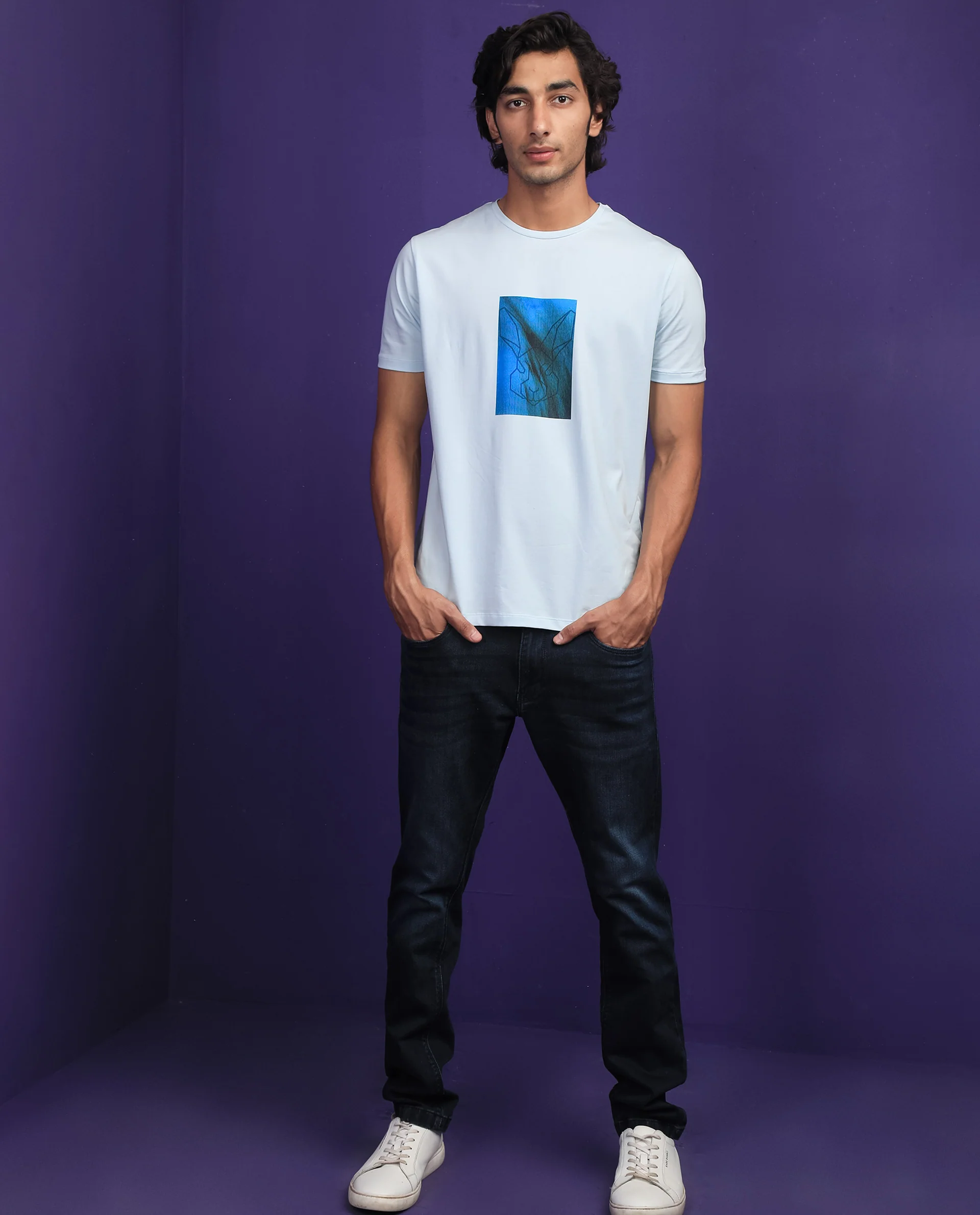 Rare Rabbit Men's Emine Light Blue Cotton Graphic Print Slim Fit Half Sleeve Crew Neck T-Shirt - Image 2