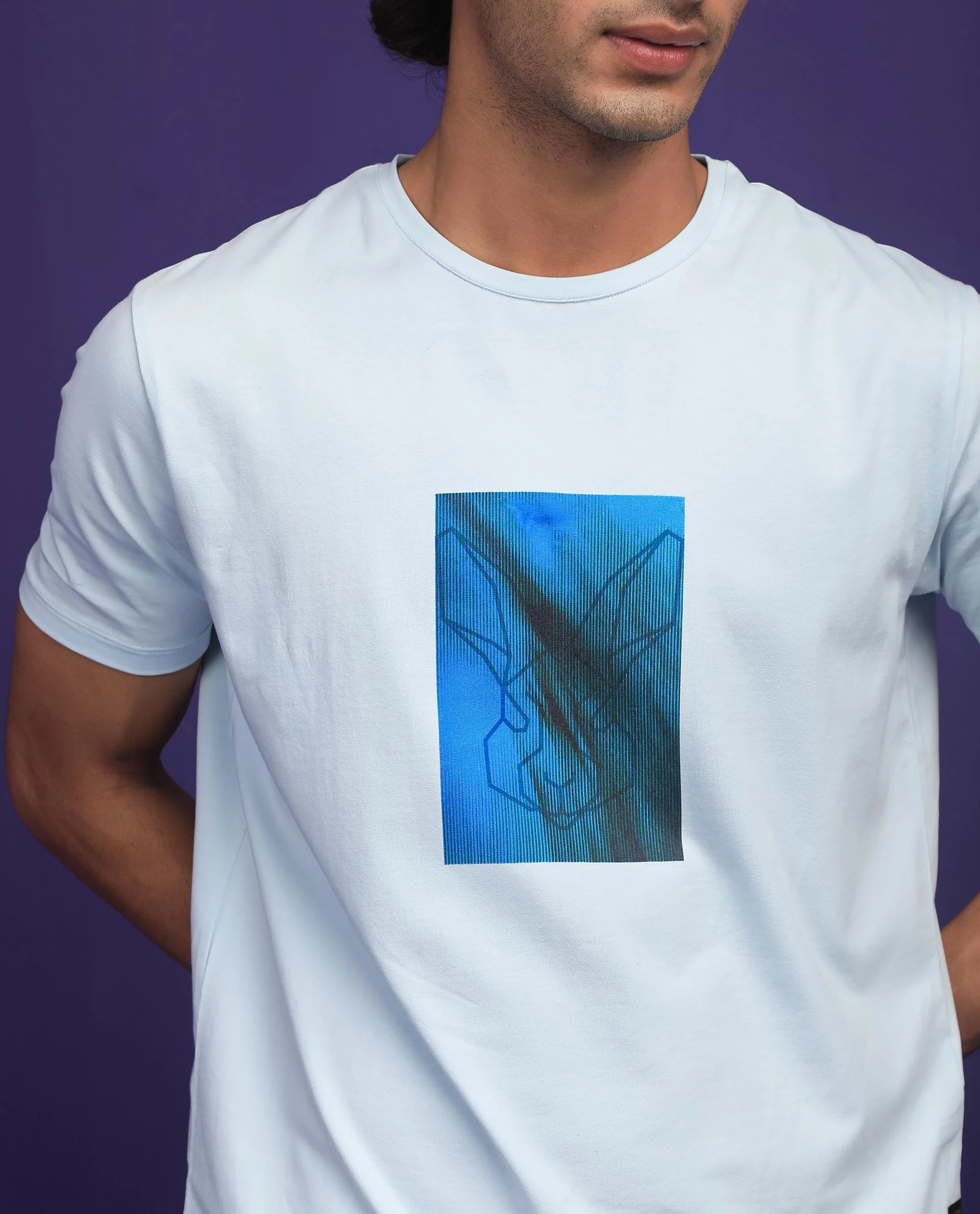 Rare Rabbit Men's Emine Light Blue Cotton Graphic Print Slim Fit Half Sleeve Crew Neck T-Shirt - Image 3