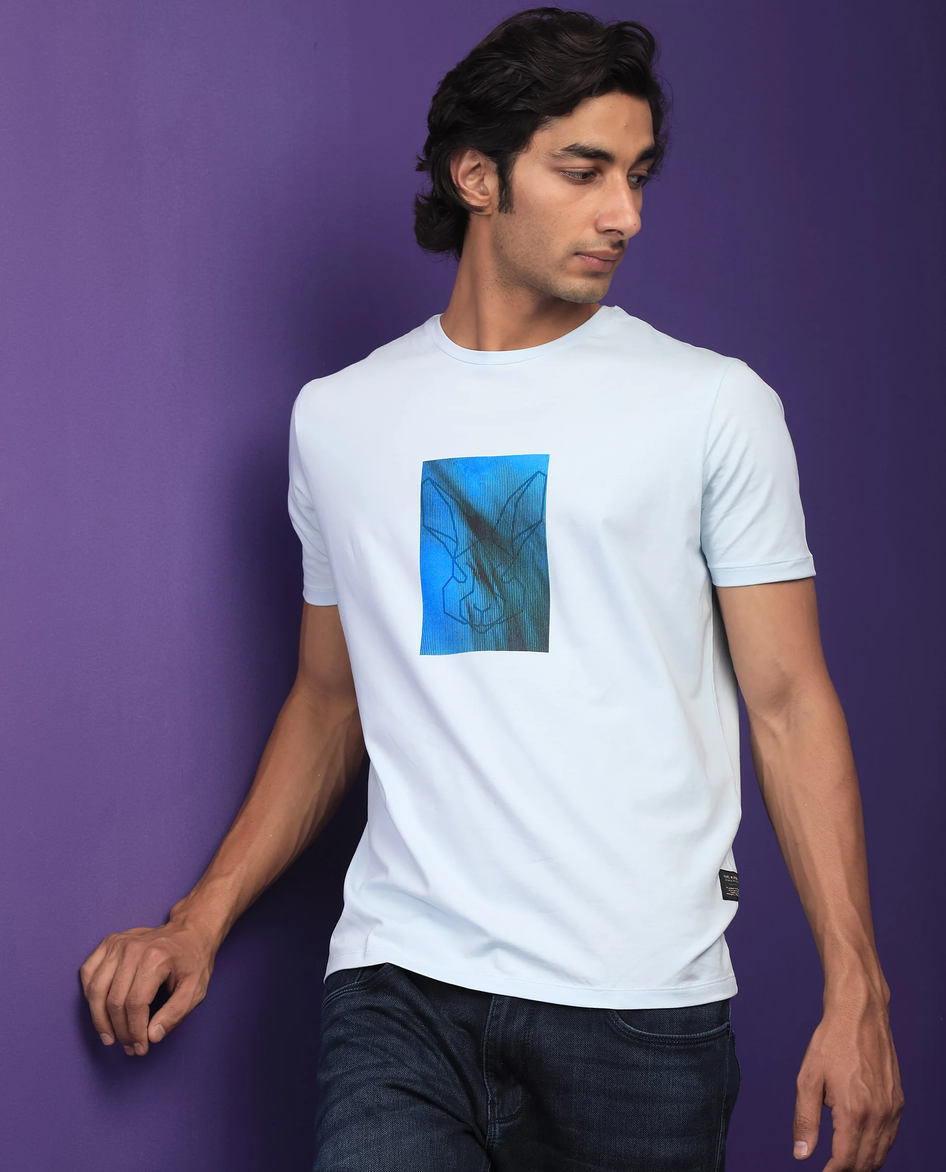 Rare Rabbit Men's Emine Light Blue Cotton Graphic Print Slim Fit Half Sleeve Crew Neck T-Shirt - Image 4