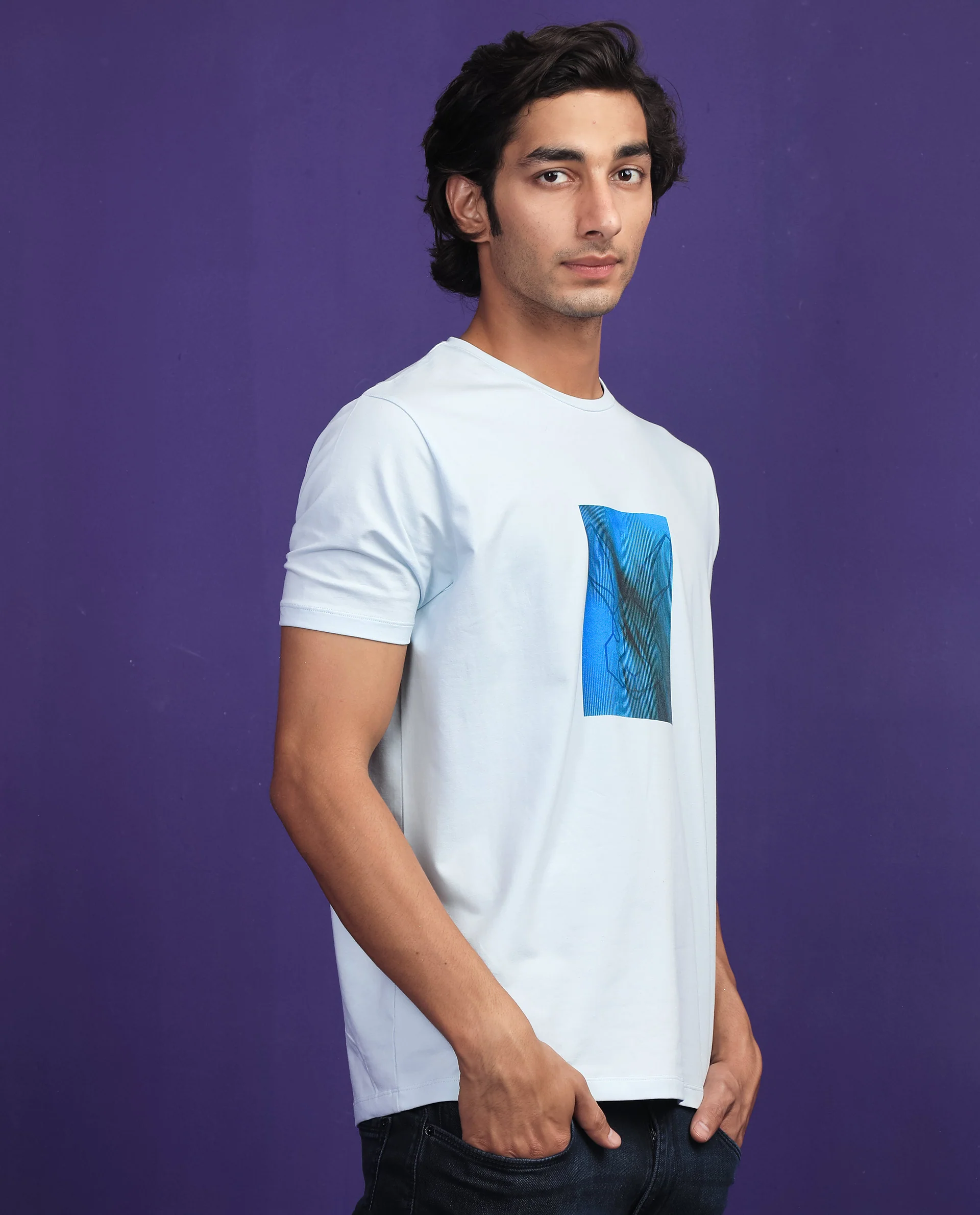 Rare Rabbit Men's Emine Light Blue Cotton Graphic Print Slim Fit Half Sleeve Crew Neck T-Shirt - Image 5