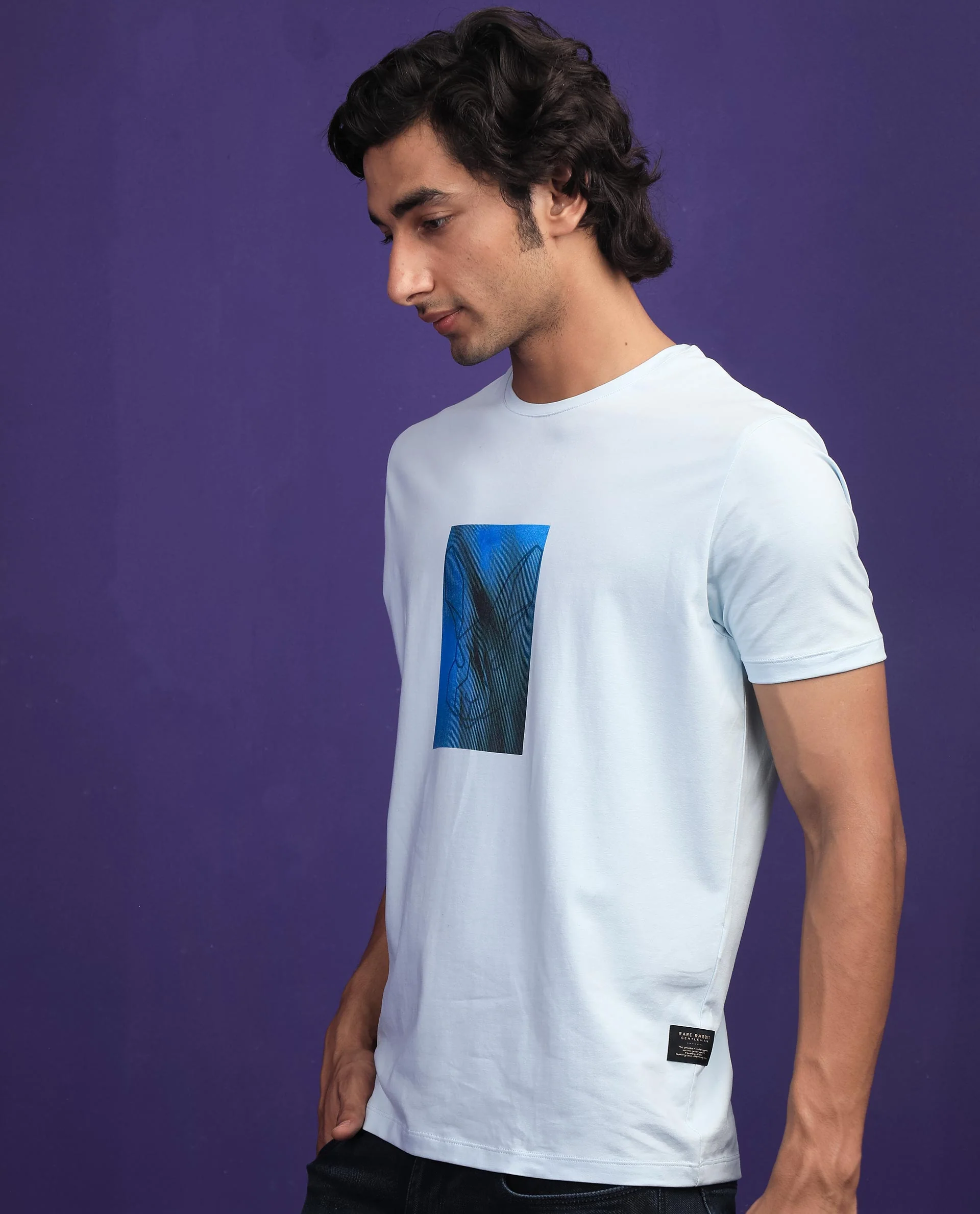 Rare Rabbit Men's Emine Light Blue Cotton Graphic Print Slim Fit Half Sleeve Crew Neck T-Shirt - Image 6