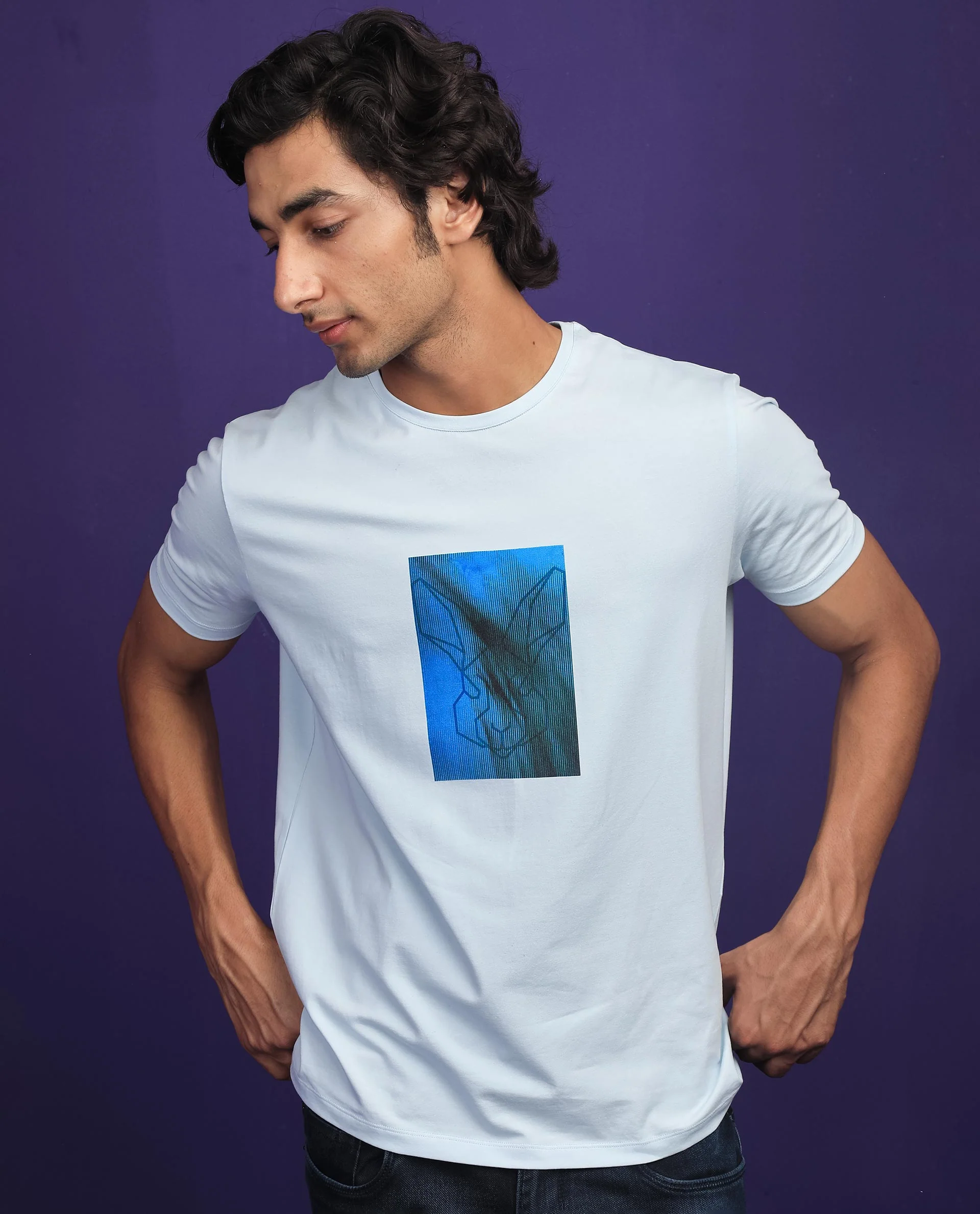 Rare Rabbit Men's Emine Light Blue Cotton Graphic Print Slim Fit Half Sleeve Crew Neck T-Shirt - Image 7