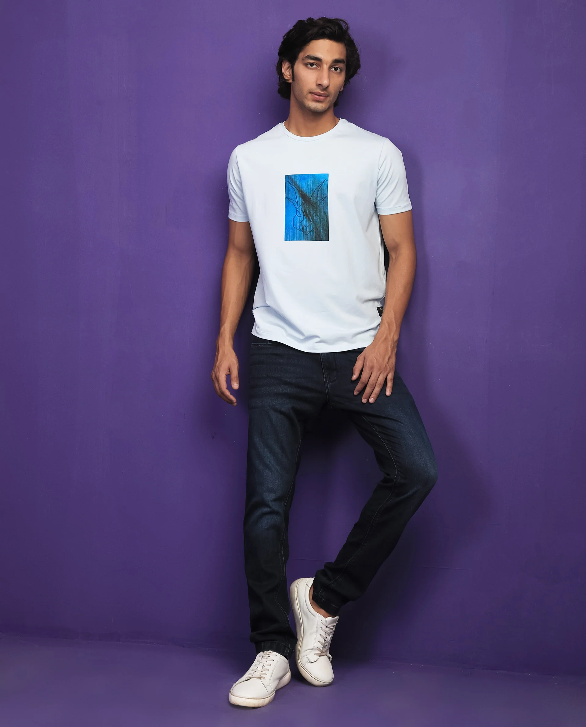 Rare Rabbit Men's Emine Light Blue Cotton Graphic Print Slim Fit Half Sleeve Crew Neck T-Shirt - Image 8