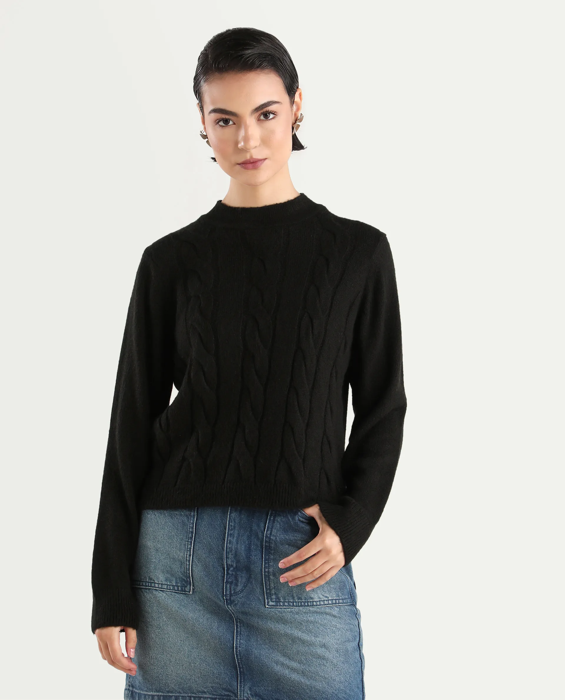 Rareism Women's Emm Black Polyester Crew Neck Plain Regular Fit Sweater - Image 3