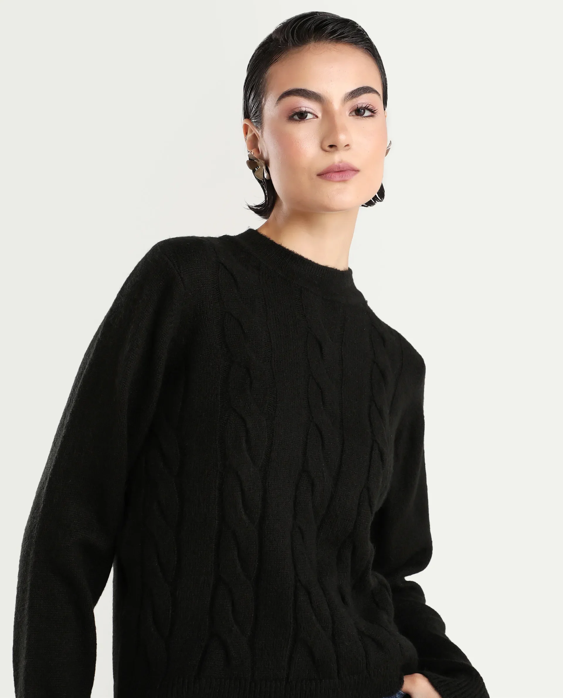 Rareism Women's Emm Black Polyester Crew Neck Plain Regular Fit Sweater - Image 4