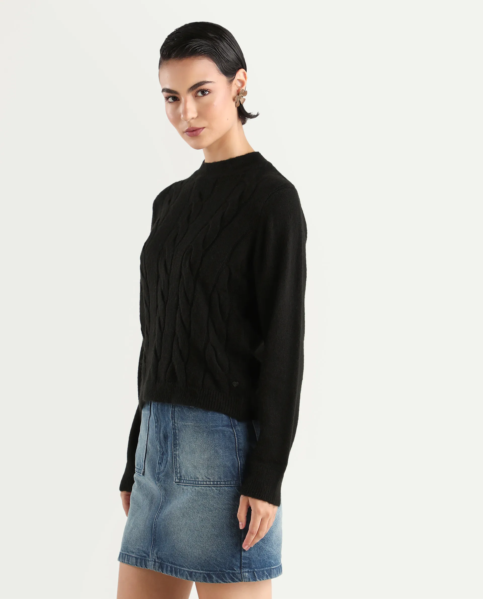 Rareism Women's Emm Black Polyester Crew Neck Plain Regular Fit Sweater - Image 5