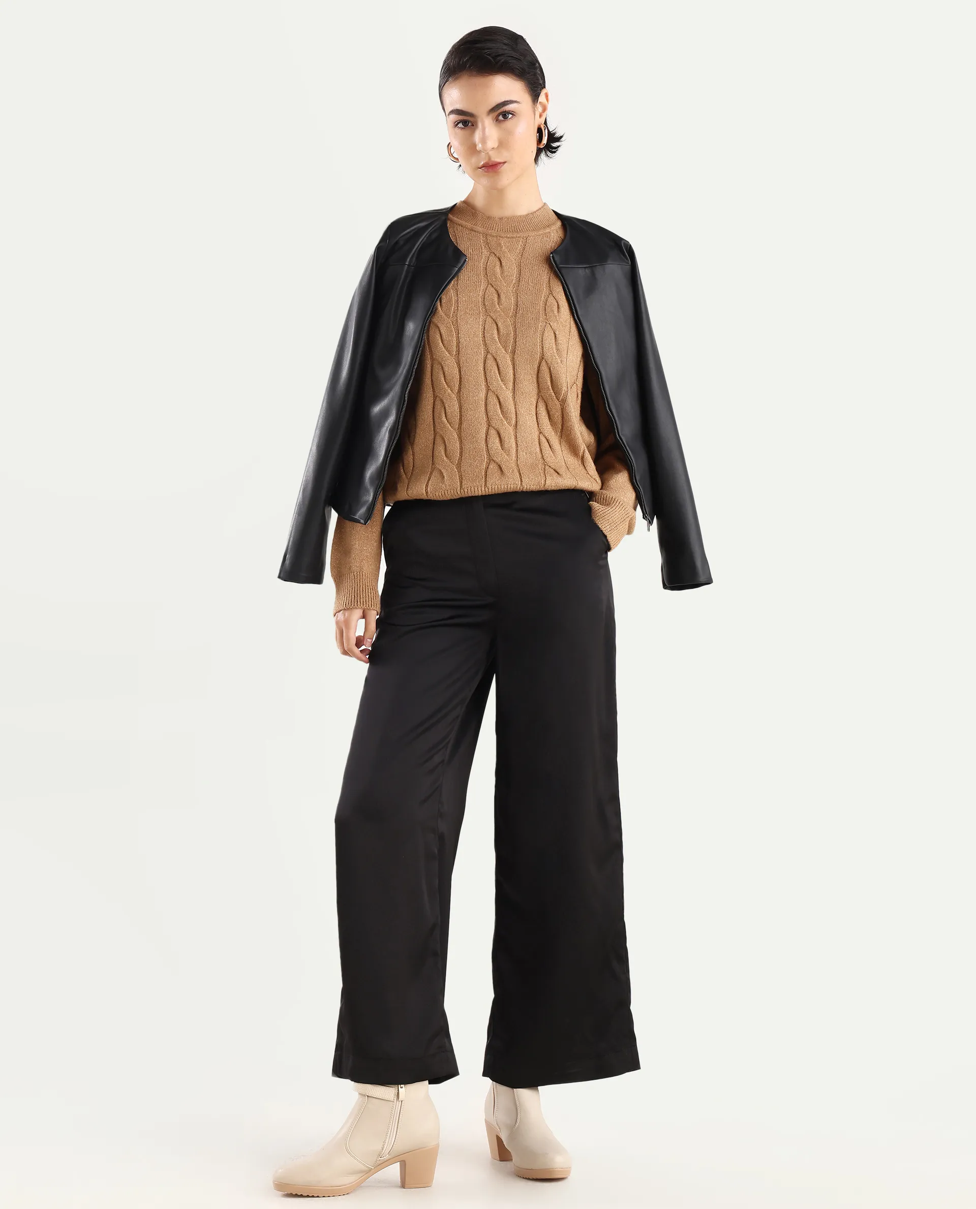 Rareism Women's Emm Camel Acrylic Crew Neck Plain Regular Fit Sweater - Image 2
