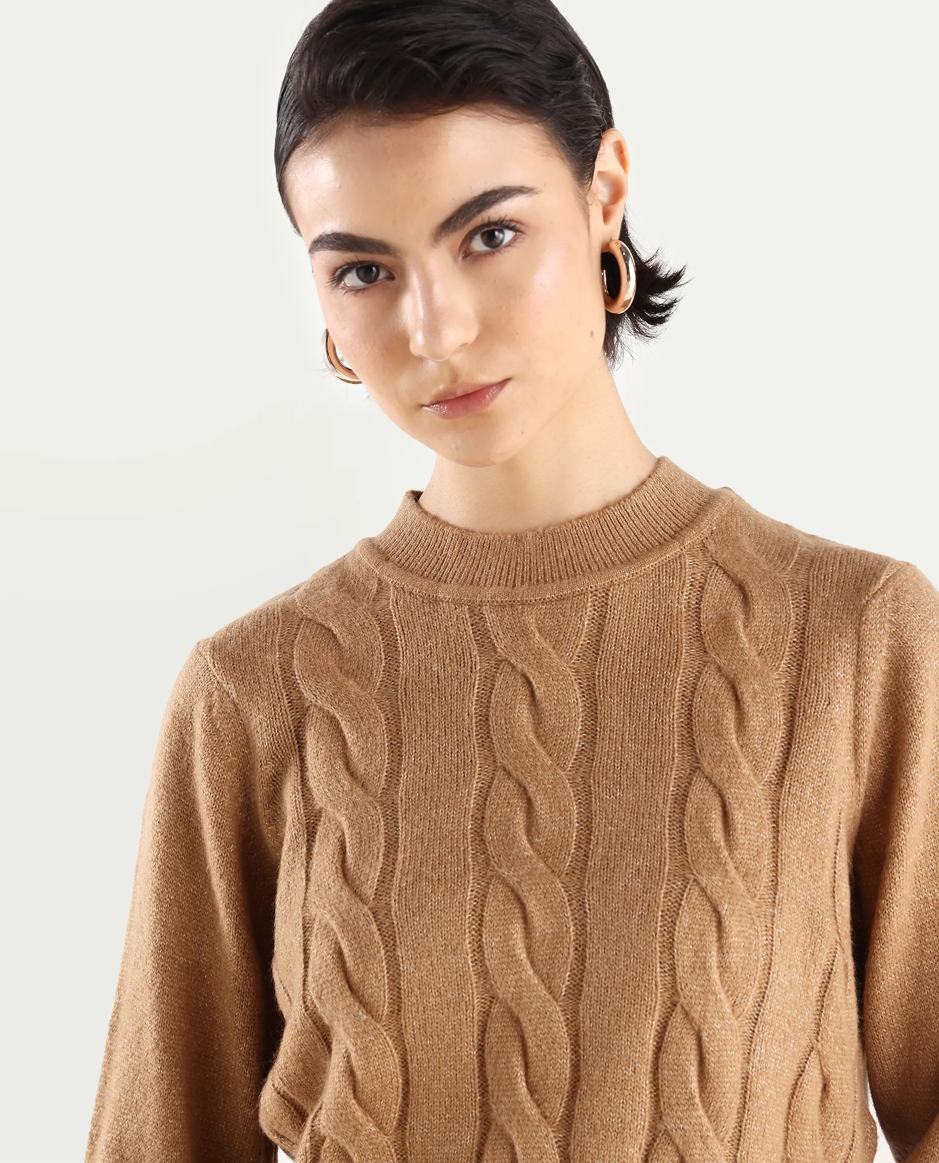 Rareism Women's Emm Camel Acrylic Crew Neck Plain Regular Fit Sweater - Image 3