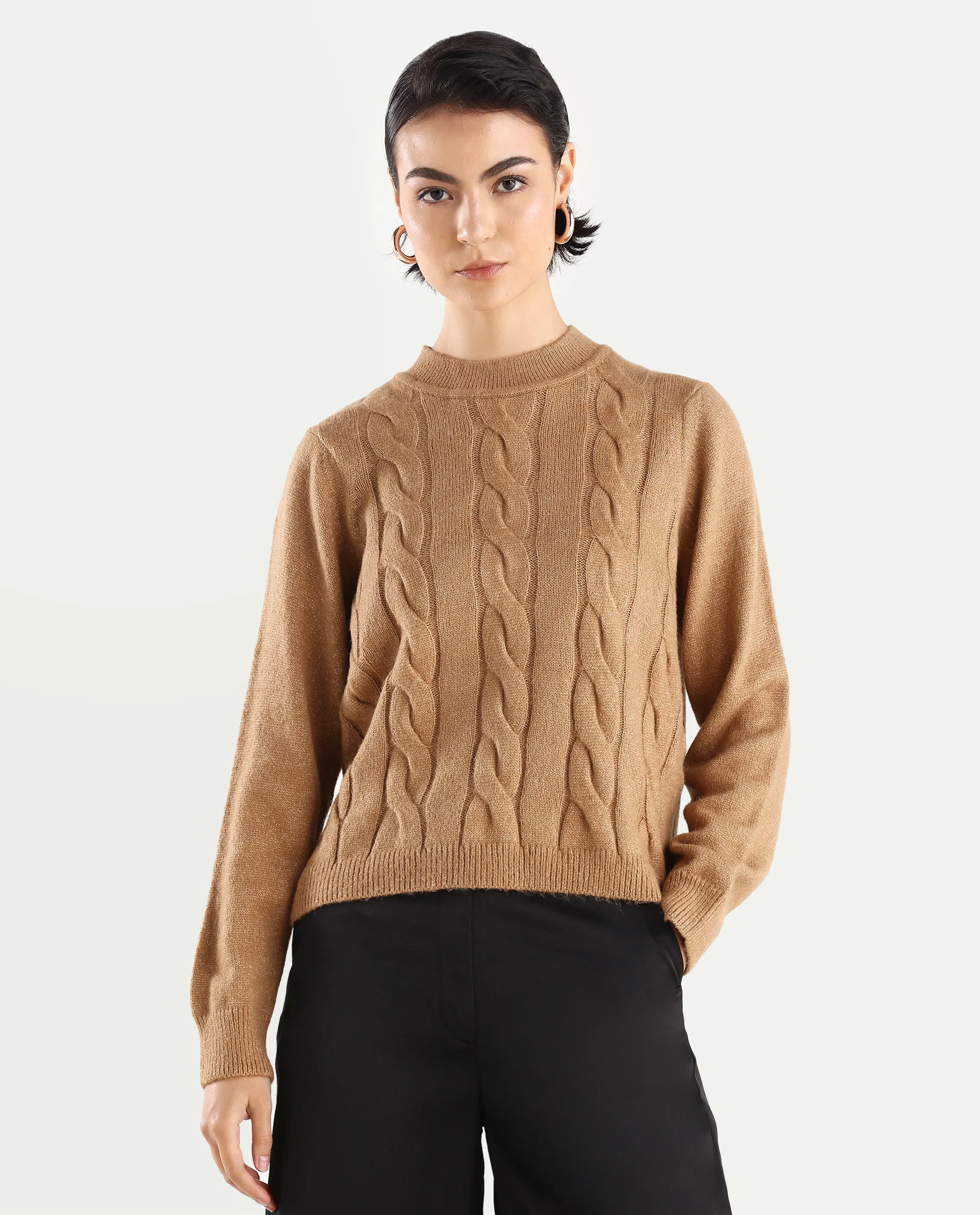 Rareism Women's Emm Camel Acrylic Crew Neck Plain Regular Fit Sweater - Image 4