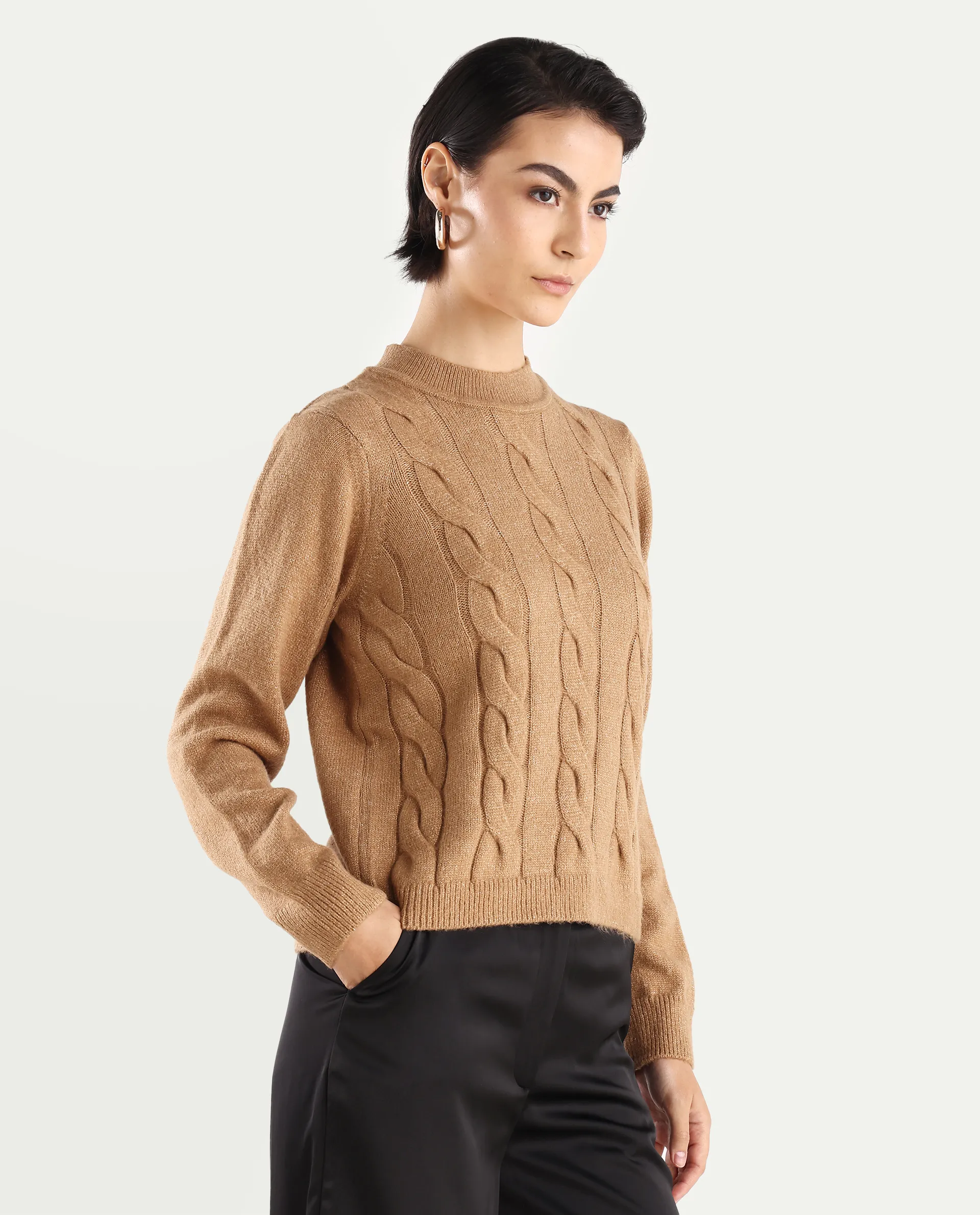 Rareism Women's Emm Camel Acrylic Crew Neck Plain Regular Fit Sweater - Image 7