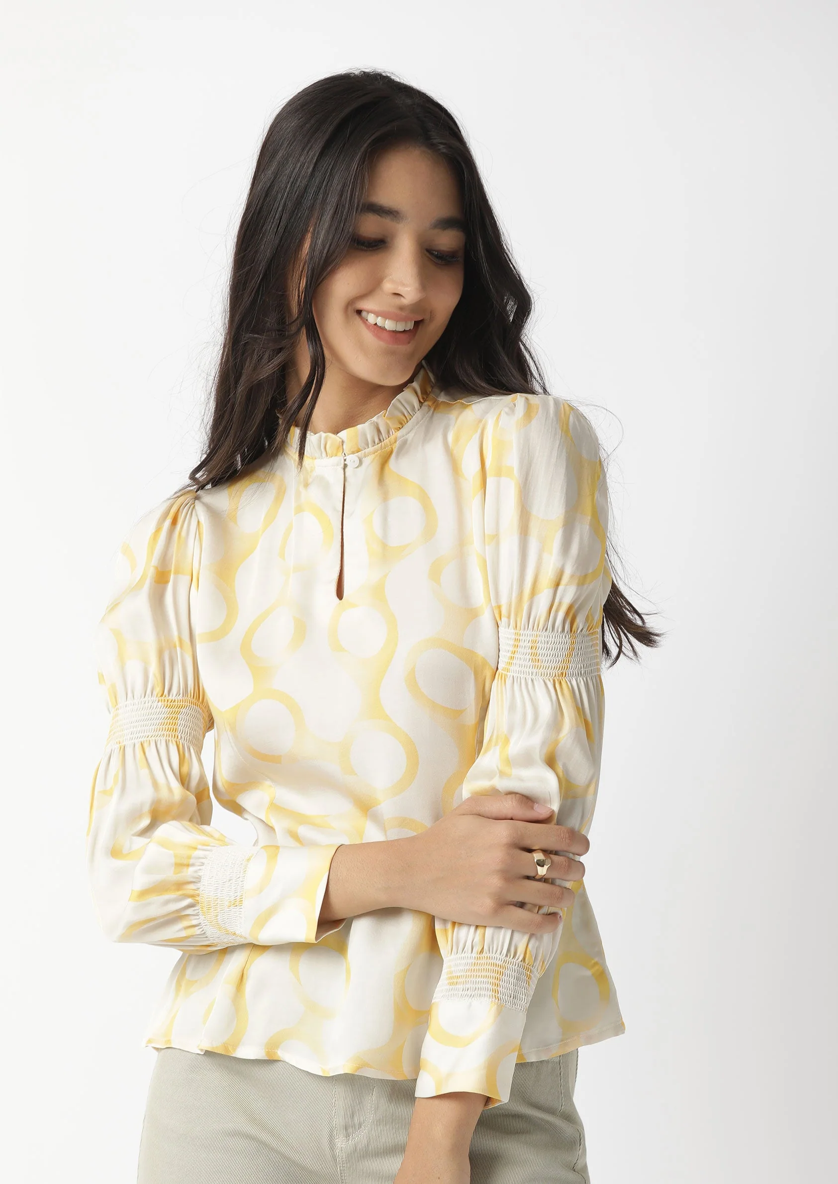Rareism Women's Emm Offwhite Modal Blend Sweetheart Neck Printed Ruffled Sleeve Slim Fit Top - Image 5