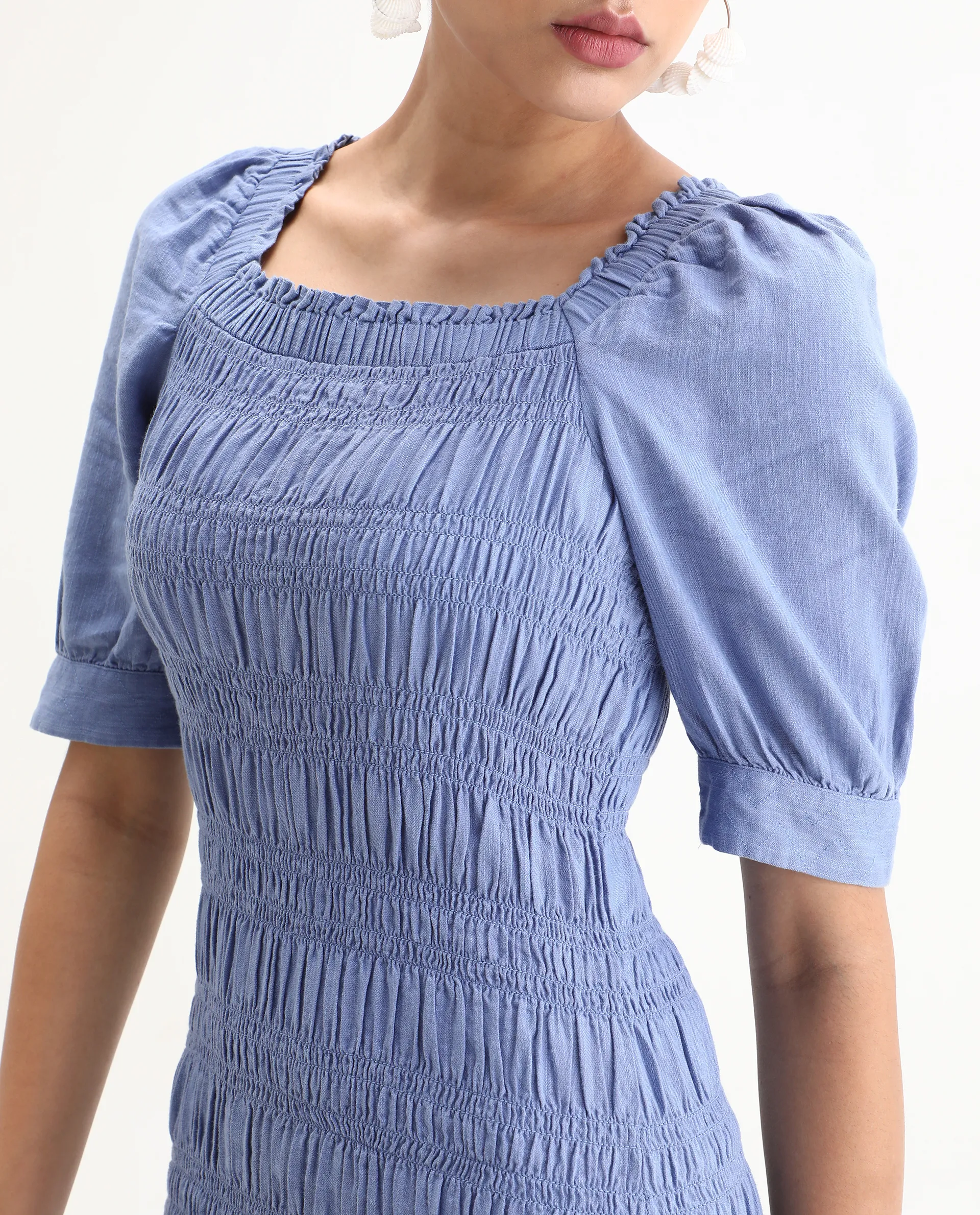 Rareism Women's Emmo Blue Cotton Blend Tube Neck Plain Puff Sleeves Knee Length Regular Fit Dress - Image 3