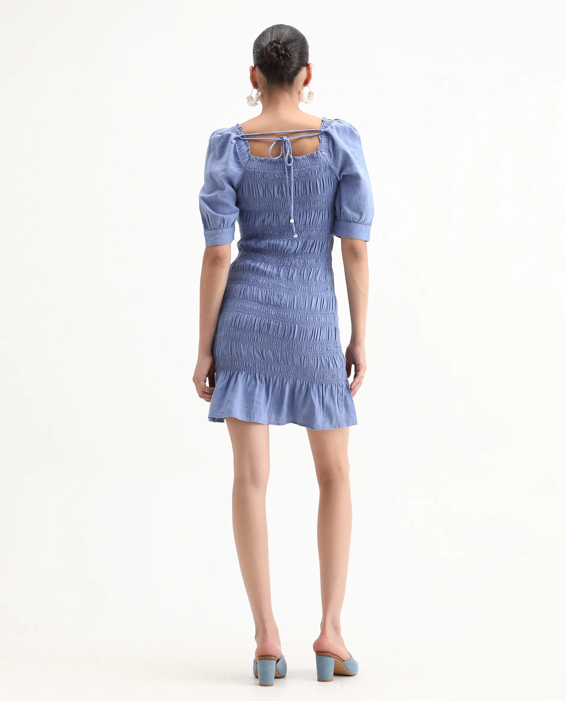 Rareism Women's Emmo Blue Cotton Blend Tube Neck Plain Puff Sleeves Knee Length Regular Fit Dress - Image 7