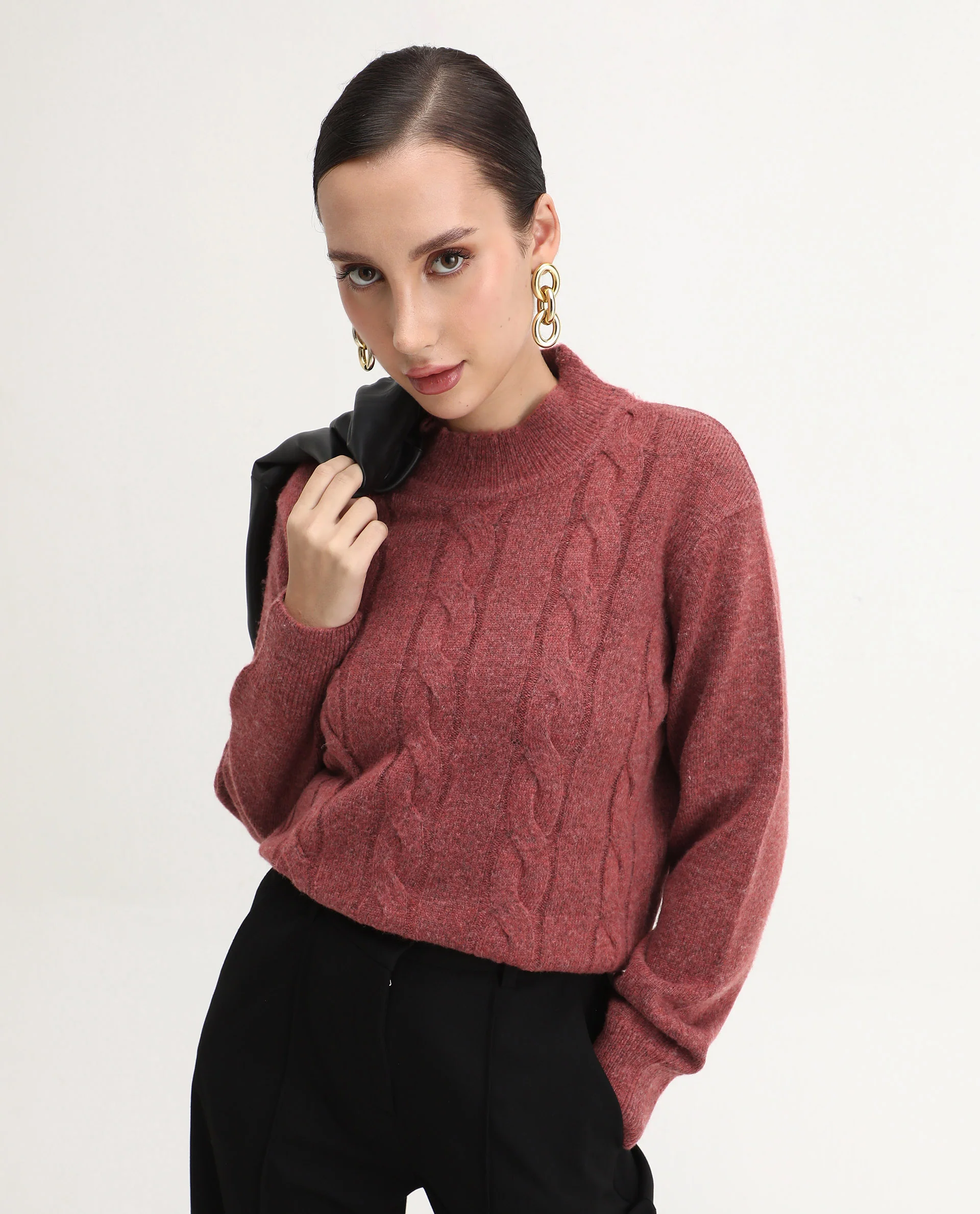 Rareism Women's Emmy Dark Rust Acrylic Blend High Neck Relaxed Fit Sweater