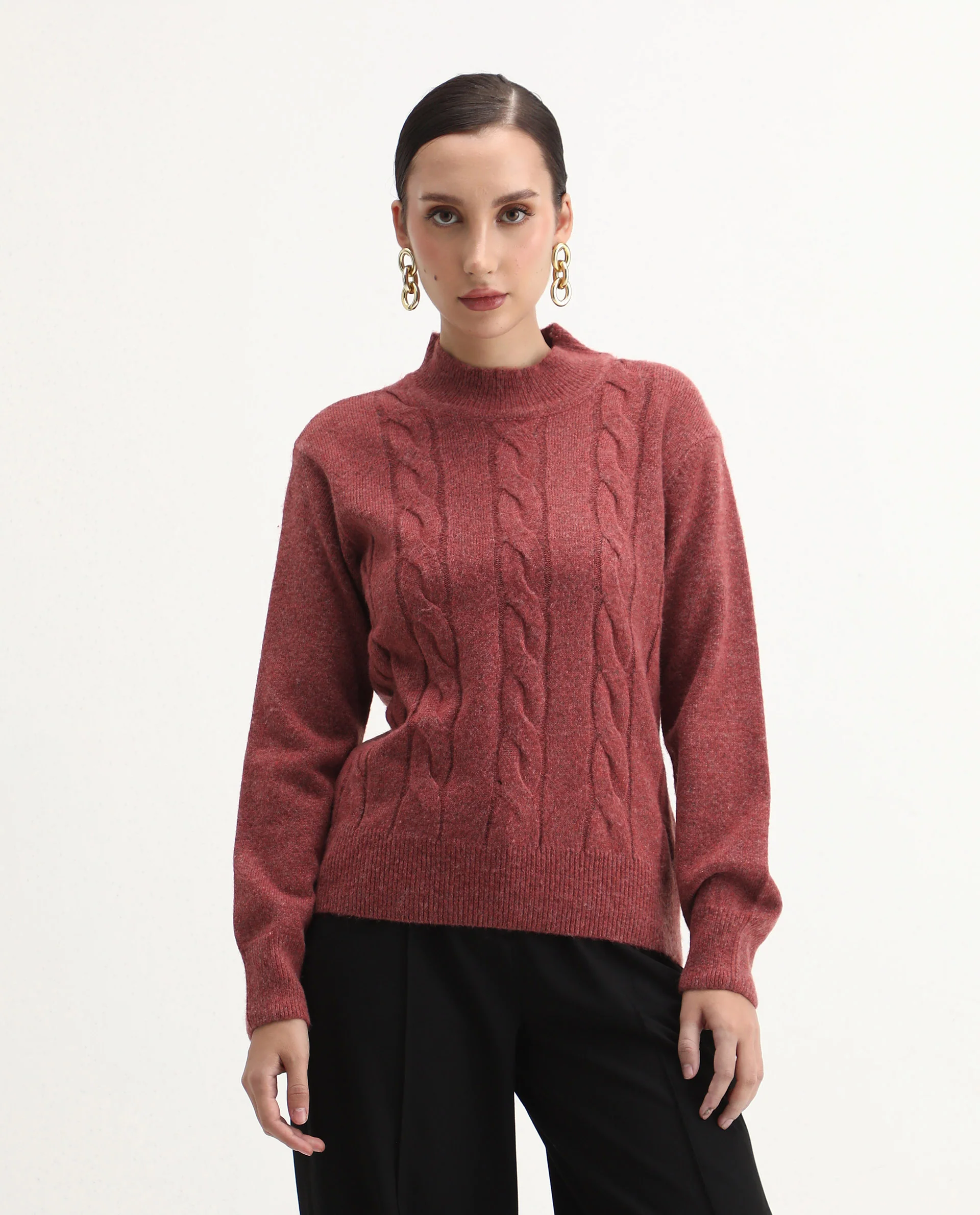 Rareism Women's Emmy Dark Rust Acrylic Blend High Neck Relaxed Fit Sweater - Image 3