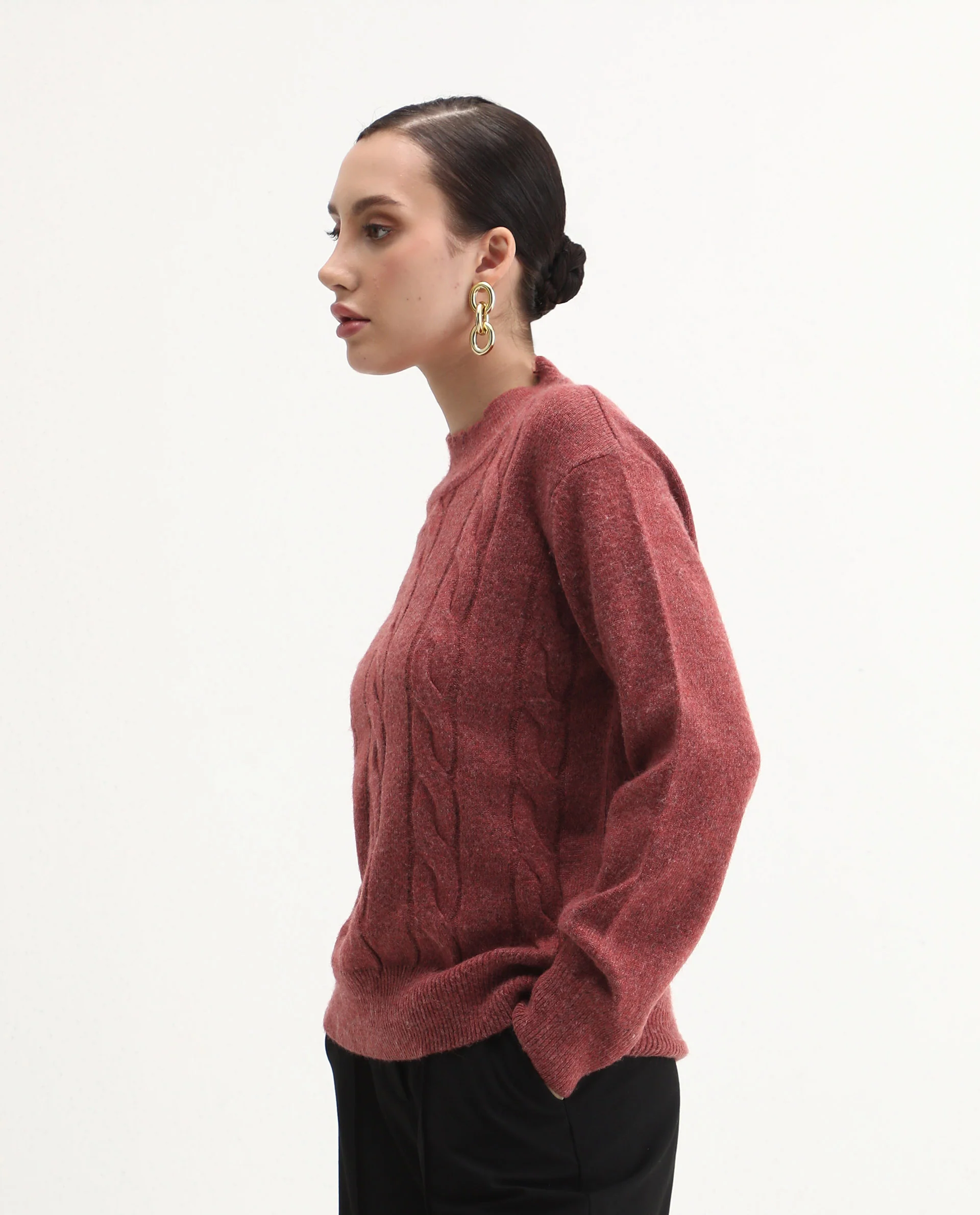 Rareism Women's Emmy Dark Rust Acrylic Blend High Neck Relaxed Fit Sweater - Image 4