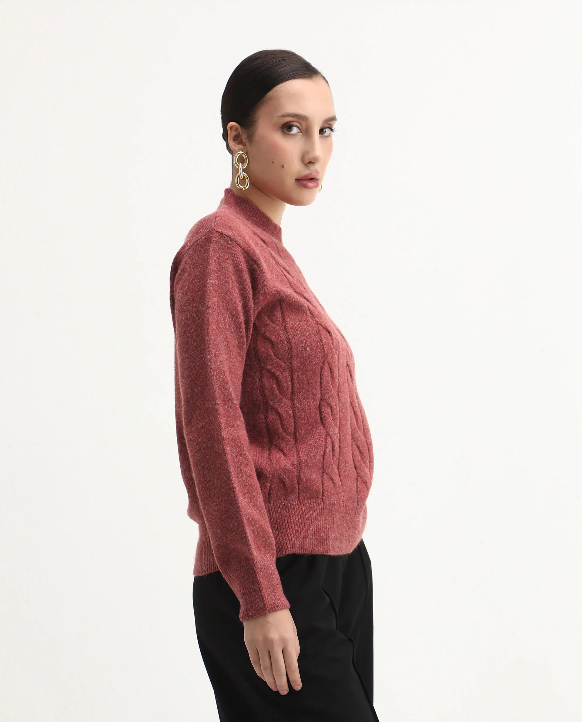 Rareism Women's Emmy Dark Rust Acrylic Blend High Neck Relaxed Fit Sweater - Image 5