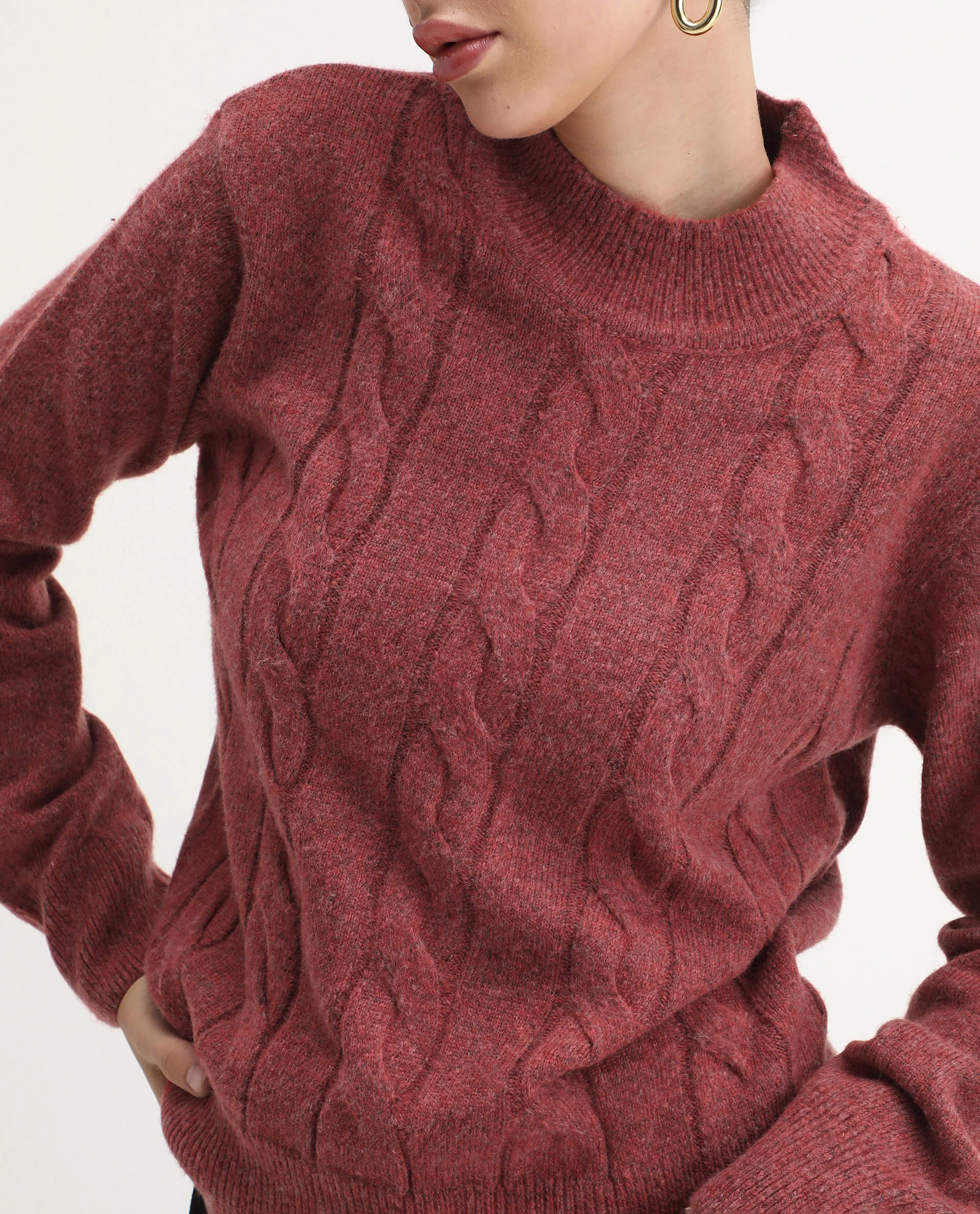 Rareism Women's Emmy Dark Rust Acrylic Blend High Neck Relaxed Fit Sweater - Image 6