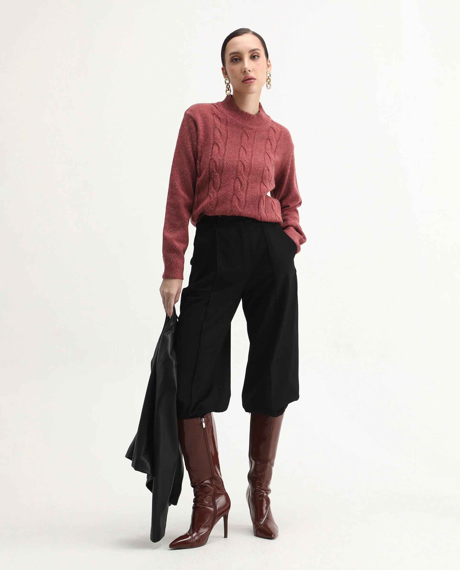 Rareism Women's Emmy Dark Rust Acrylic Blend High Neck Relaxed Fit Sweater - Image 7