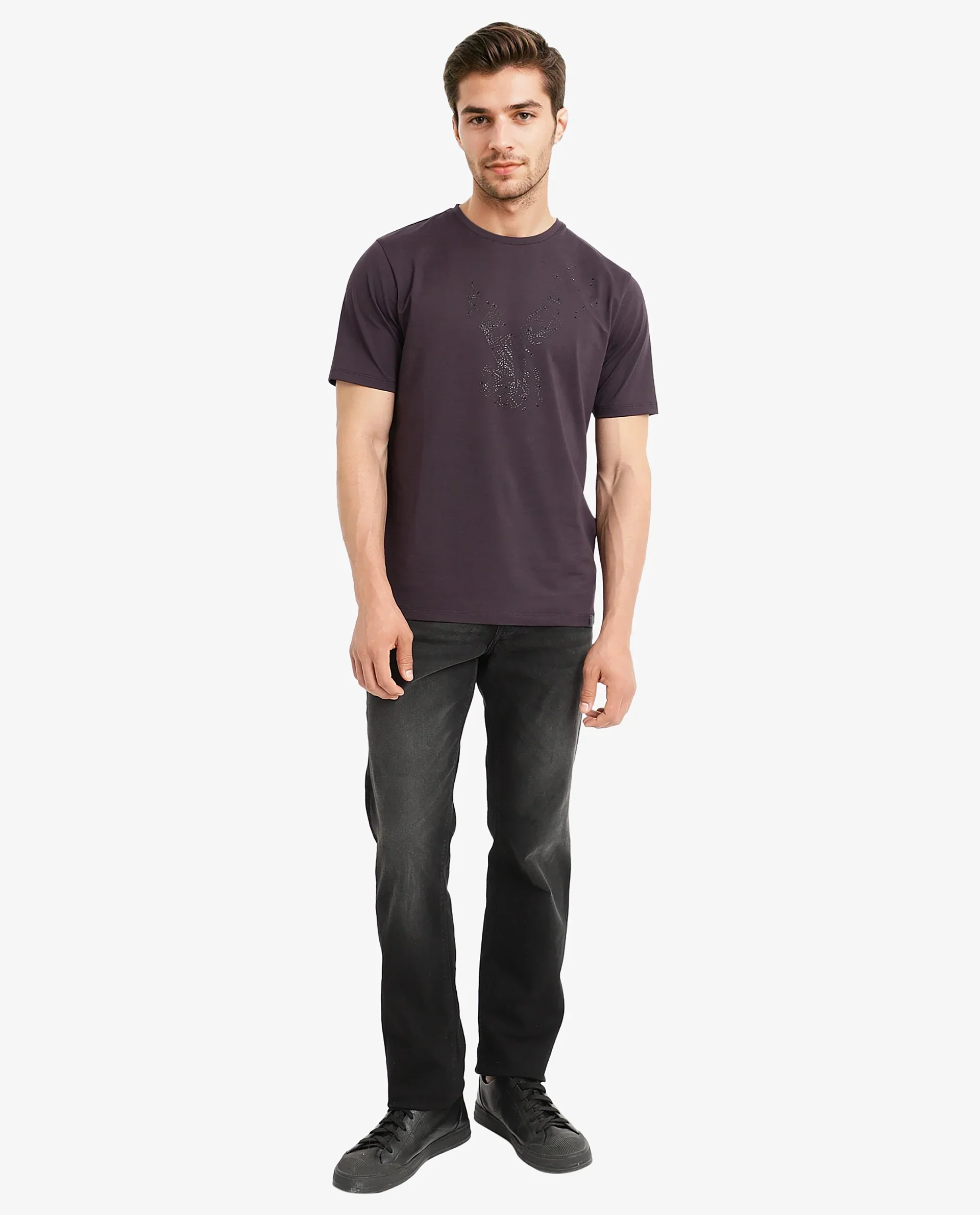 Rare Rabbit Men's Emon Dark Purple Cotton Graphic Print Regular Fit Half Sleeve Crew Neck T-Shirt - Image 2