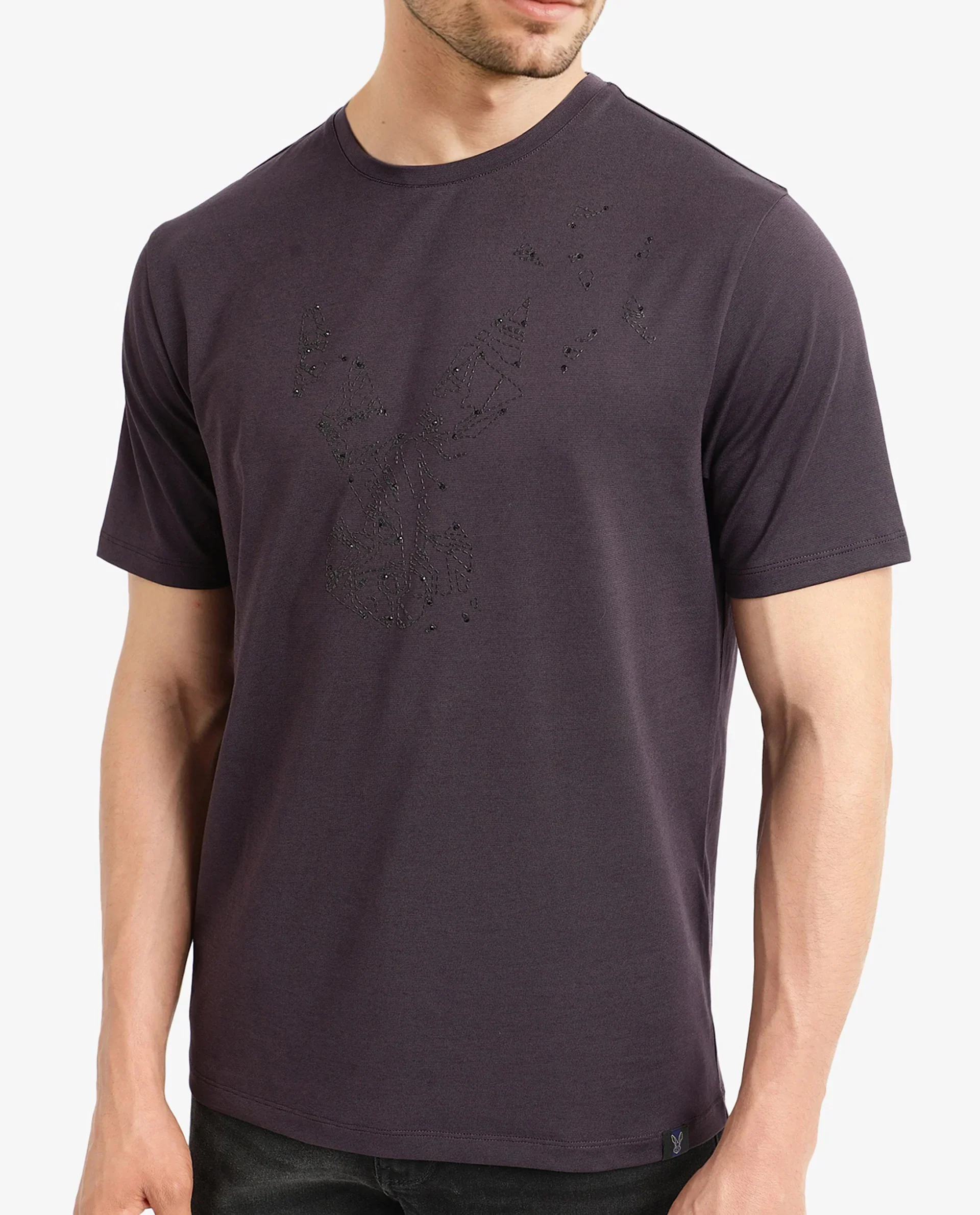 Rare Rabbit Men's Emon Dark Purple Cotton Graphic Print Regular Fit Half Sleeve Crew Neck T-Shirt - Image 3