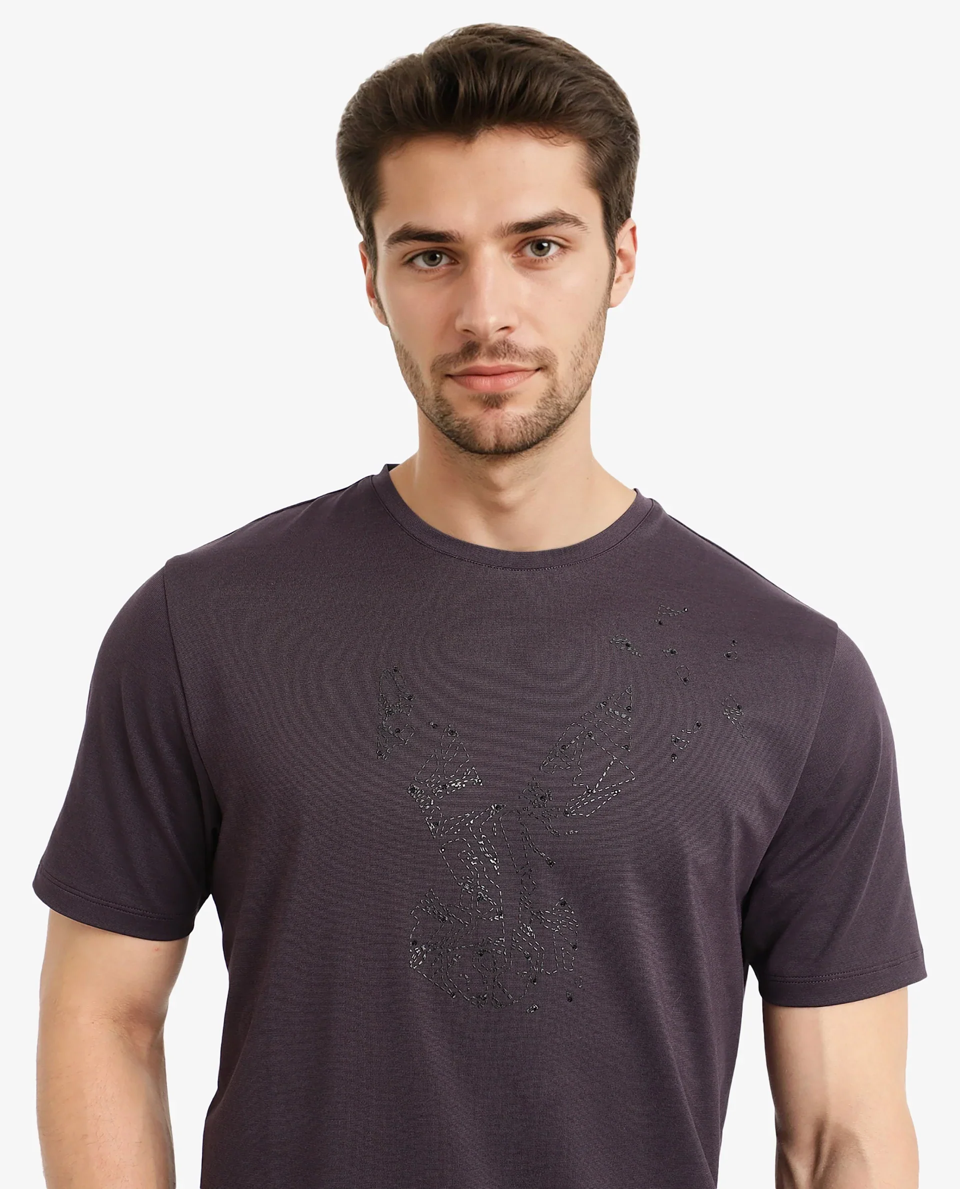 Rare Rabbit Men's Emon Dark Purple Cotton Graphic Print Regular Fit Half Sleeve Crew Neck T-Shirt - Image 6