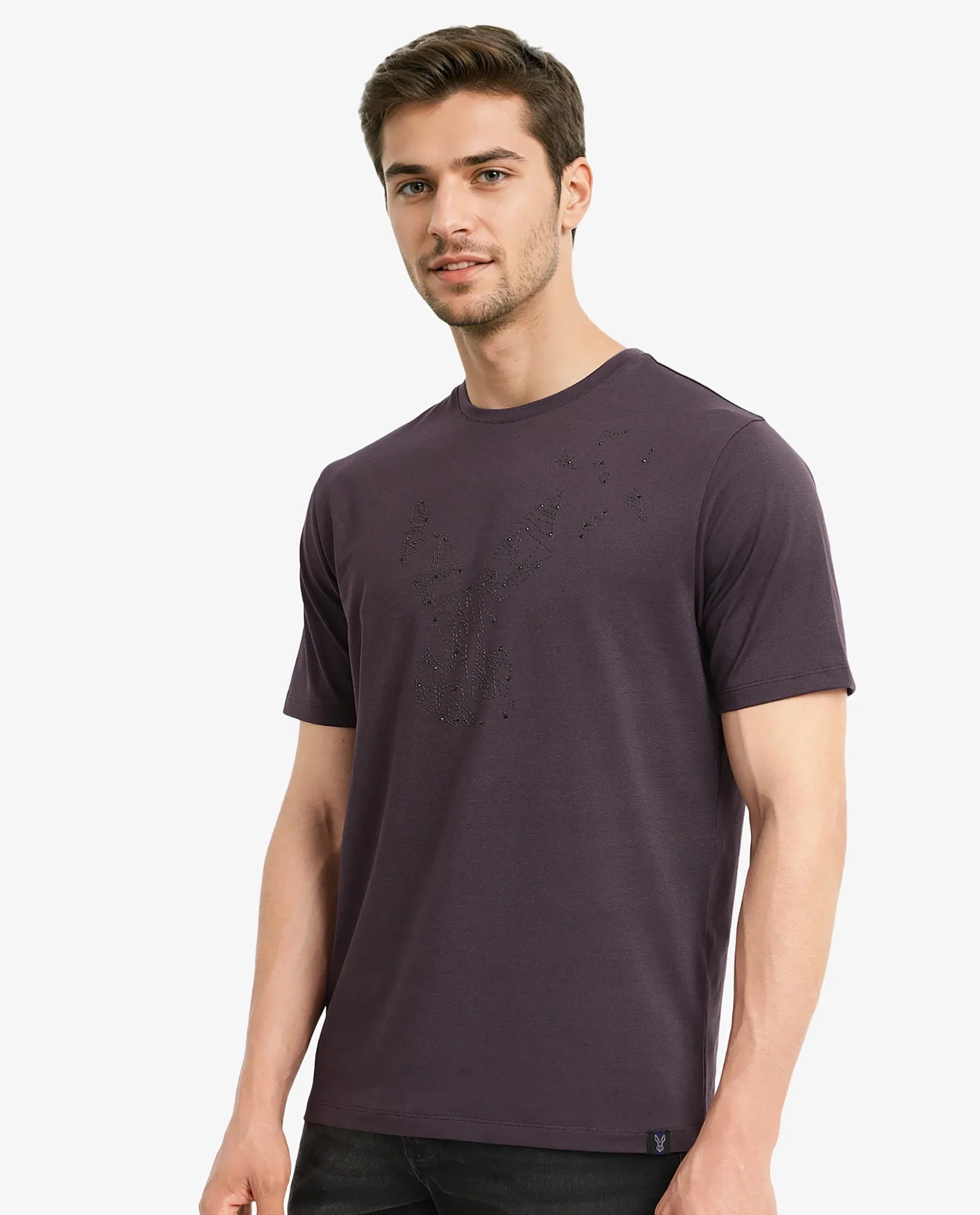 Rare Rabbit Men's Emon Dark Purple Cotton Graphic Print Regular Fit Half Sleeve Crew Neck T-Shirt - Image 7